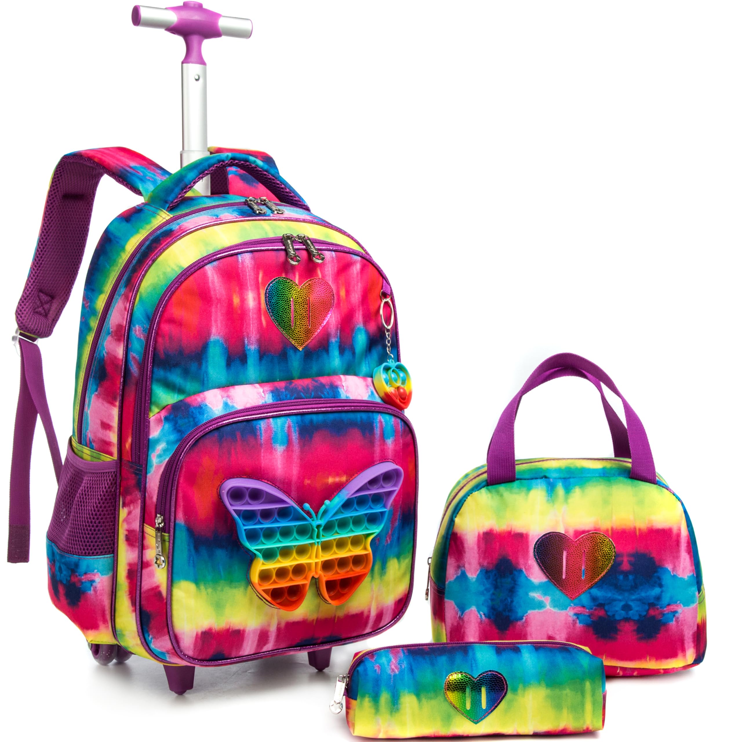 Meetbelify Rolling Backpack for Girls School Bag with Wheels for Elementary Student Kids Cute Travel Luggage with Lunch Box Pencil Case for Girls 8-10