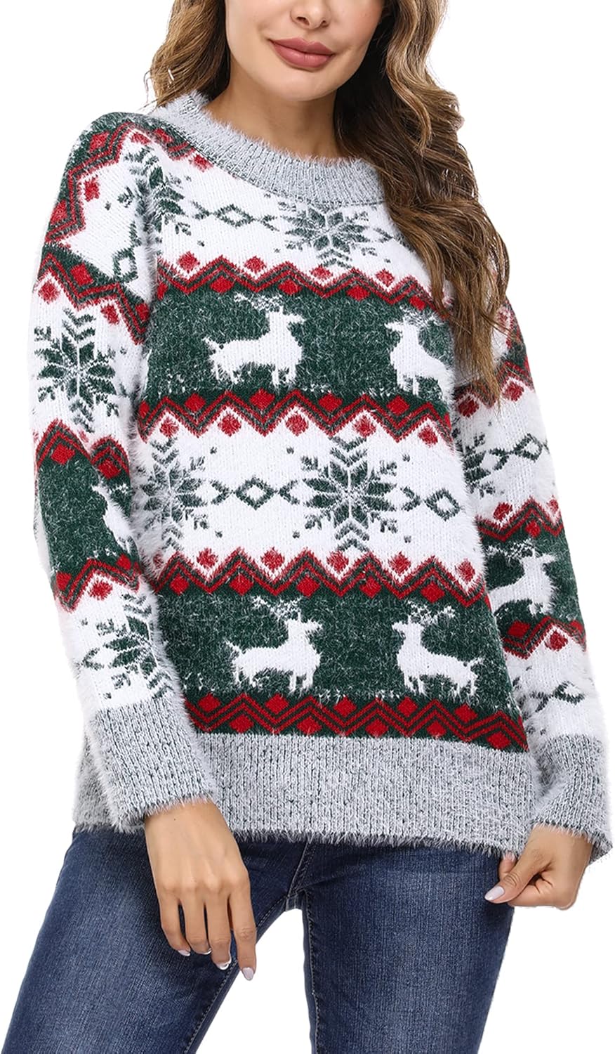 Marvmys Kersttrui voor dames, grappige sneeuwvlokken, rendier, wintertrui, warme kersttrui, gebreide trui, ronde hals, voor dames, rood-a, XL