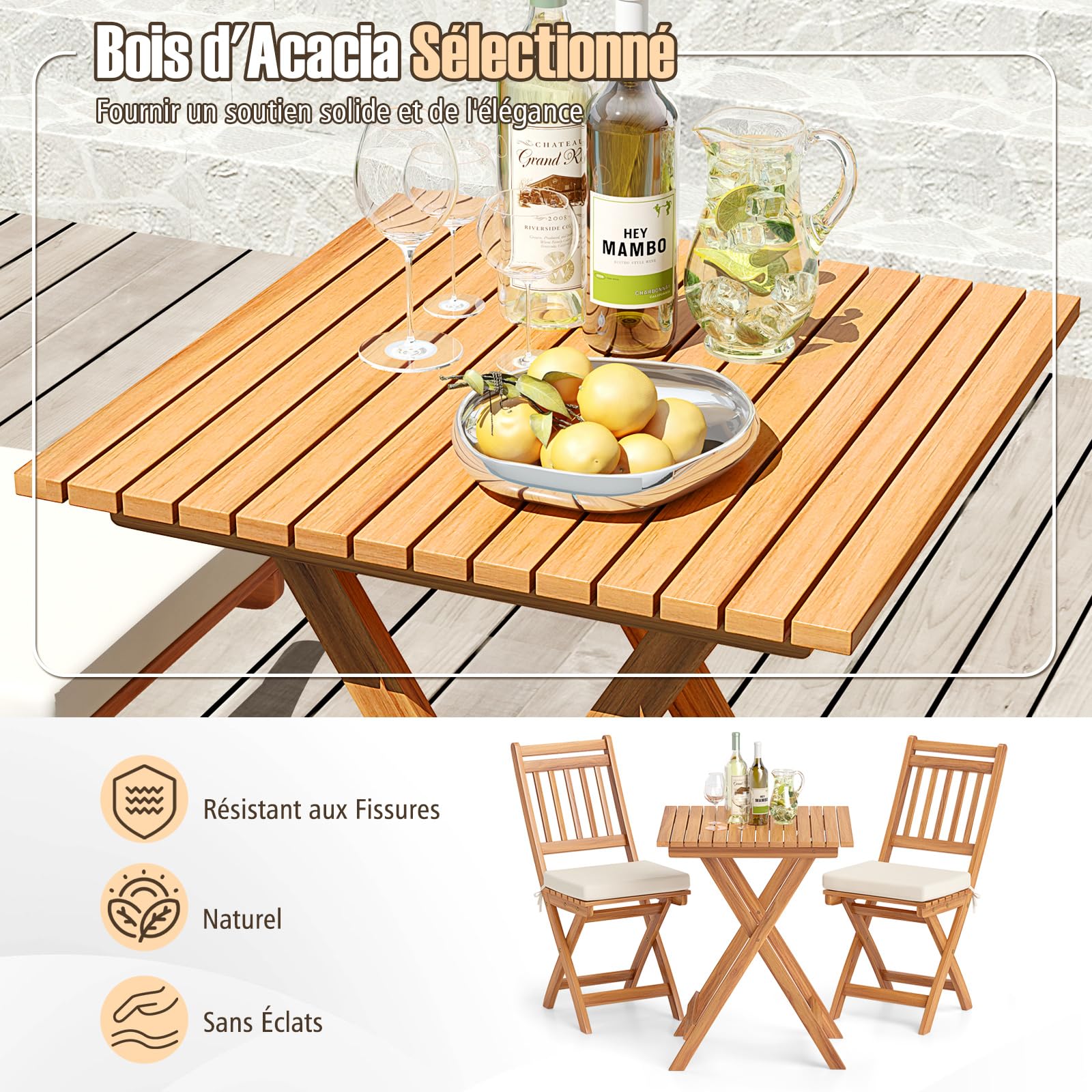 COSTWAY Ensemble de Table et Chaises en Bois d’Acacia 3 Pièces, Comprenant 1 Table et 2 Chaises Pliantes Coussins Rembourrés, Ensemble de Mobilier pour Intérieur et Extérieur (Beige Modèle2)