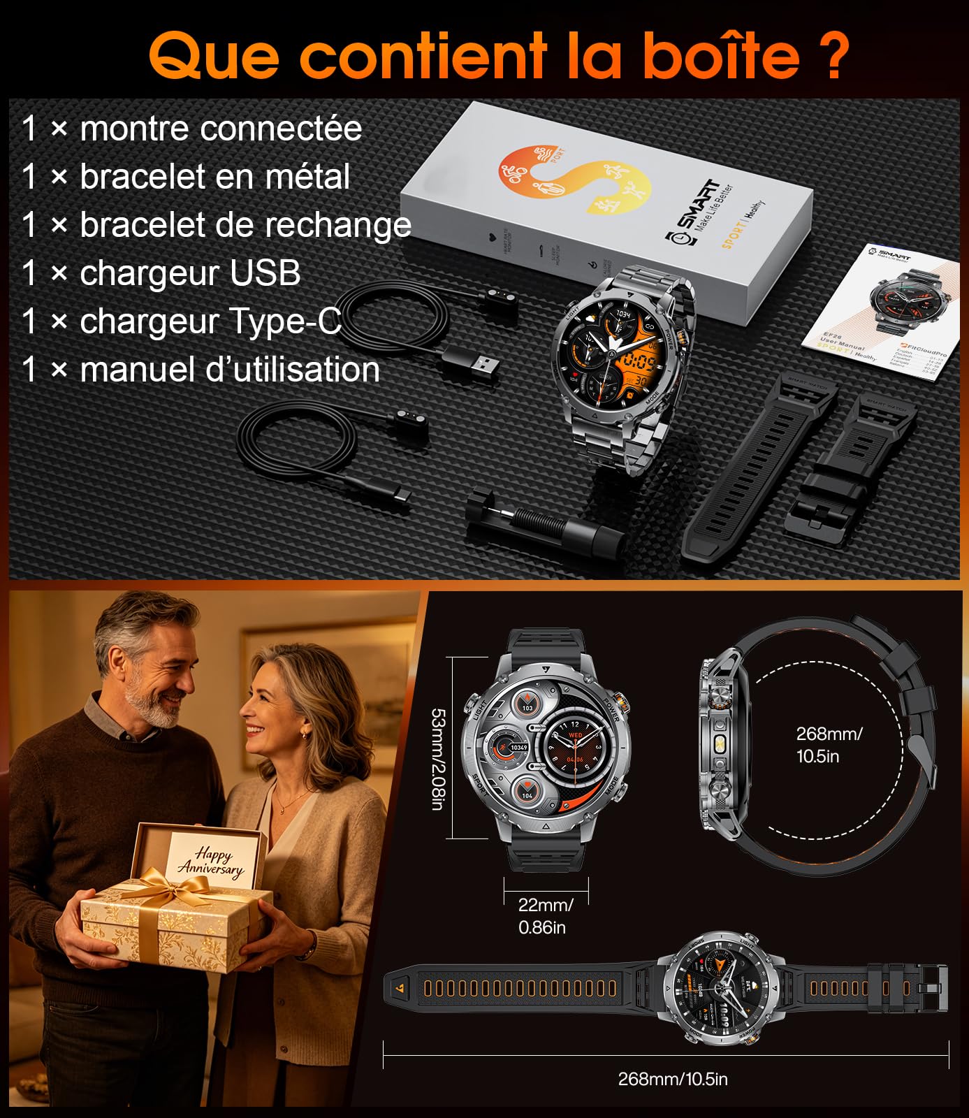 LIGE Montre Connectée Homme, Batterie 1400mAh, Écran HD 1,7 Pouce, Lampe LED, 110+ Modes Sport Montre Militaire Homme, Suivi Sommeil, IP68 Étanche, Smartwatch pour Android iOS, 2 Bracelets, Noir