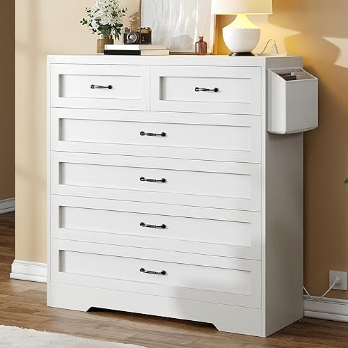 DWVO White 6 Drawer Dresser, 31.5" W Large Vintage Double Chest of Drawers with Charging Station and Side Organizer Bag, Wood Storage Dresser with Retro Metal Handle for 300lbs for Hallway
