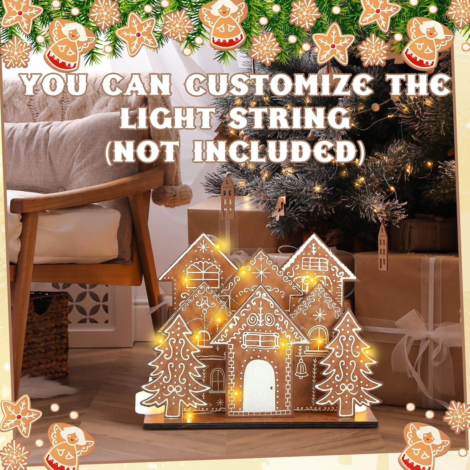 8 Pcs Christmas Gingerbread House Table Decorations Gingerbread House Wooden Table Centerpiece Christmas Village Xmas Tree Tabletop Sign for Farmhouse Winter Holiday Xmas Shelf Mantel Decor - Image 6