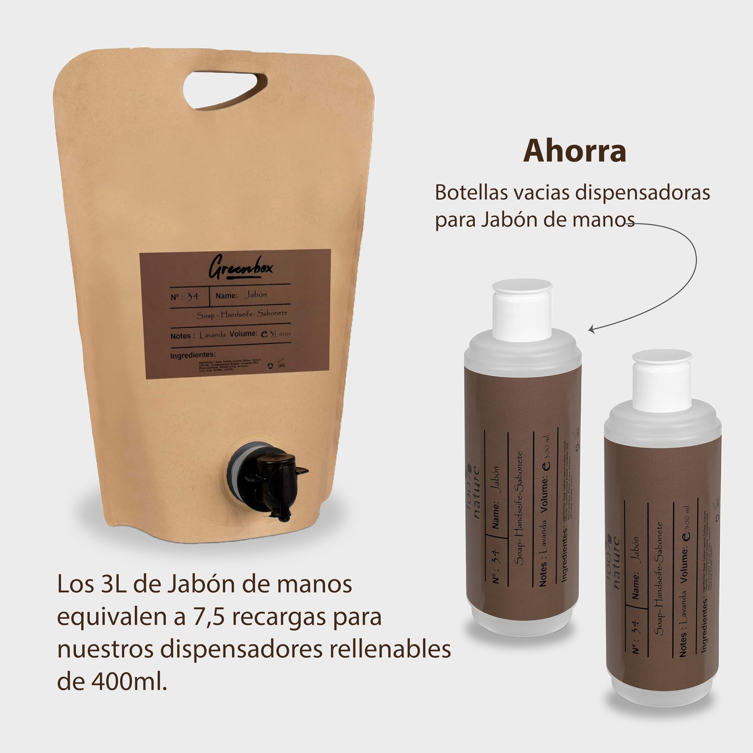 Ricarica sapone mani in "bag in box" BIO - sapone mani idratante 3L. Imballaggio ecologico e maniglia per il trasporto. Risparmia denaro e aiuta l'ambiente.