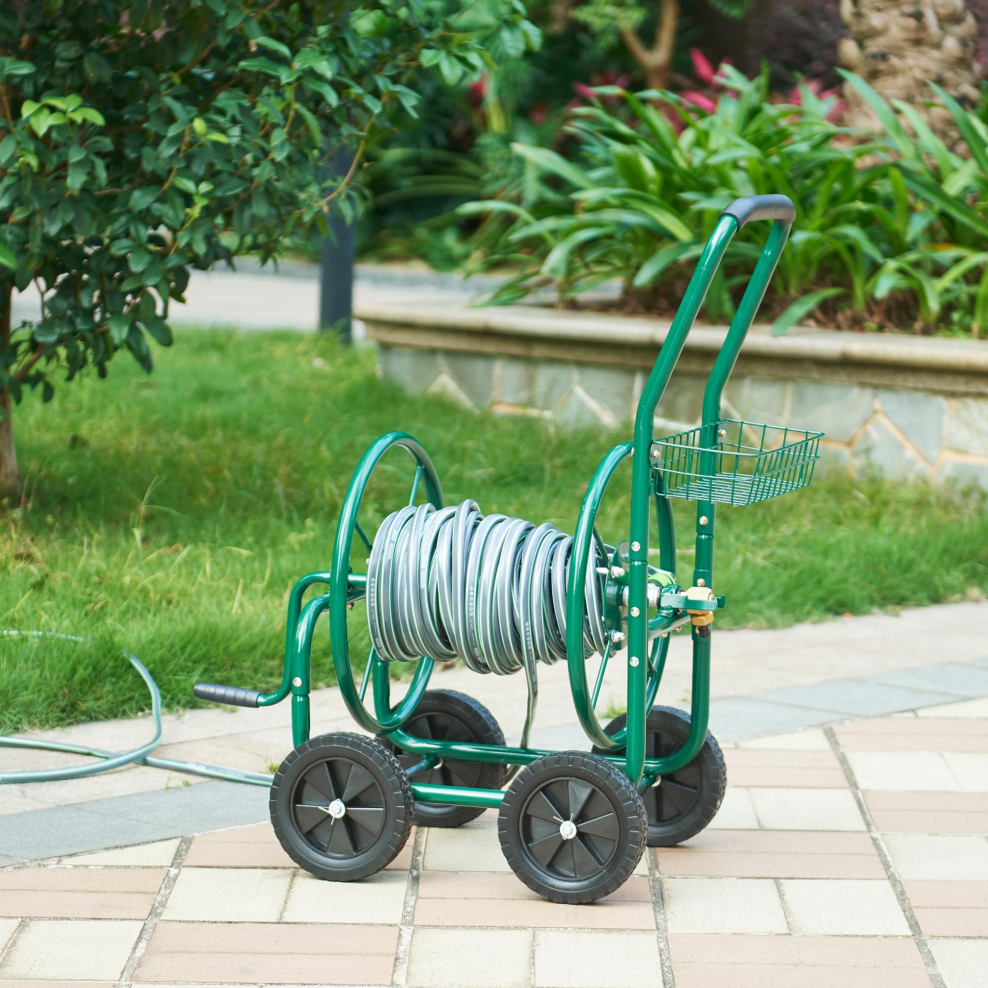 pro.tec Schlauchwagen Pescaza für 3/4 Zoll Schlauch bis zu 70 m Metall Gartenschlauchwagen ohne Schlauch Schlauchtrommel mit Reifen rollbar Schlauchaufroller mit Handkurbel 86 x 44 x 95 cm Grün
