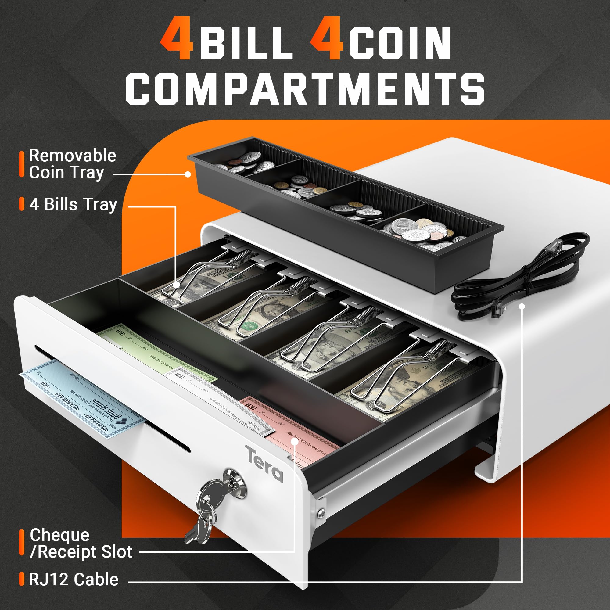 Tera Cassetto registratore di cassa da 33 cm: apertura automatica con 6 chiavi, resistente, vassoio per 4 banconote e 4 monete, slot per contanti rimovibile, 24 V, RJ12, con serratura a chiave, angolo