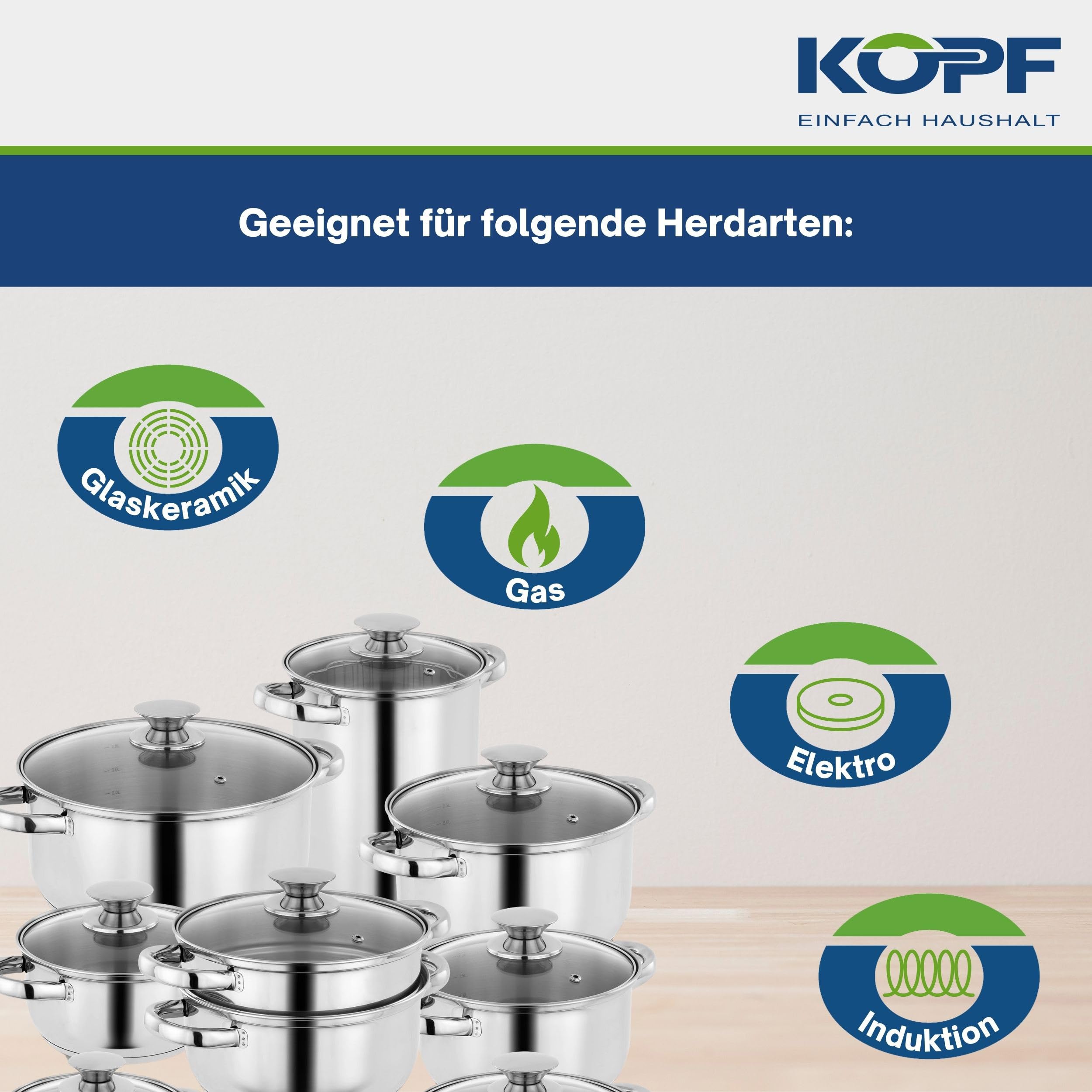 KOPF Topfset Janina 19-teilig aus Edelstahl, Induktion-Kochtopf-Set, 7X Töpfe, 1x Spargelotpf, 1x Stielkasserolle, 2X Sieb und 8X Glasdeckel