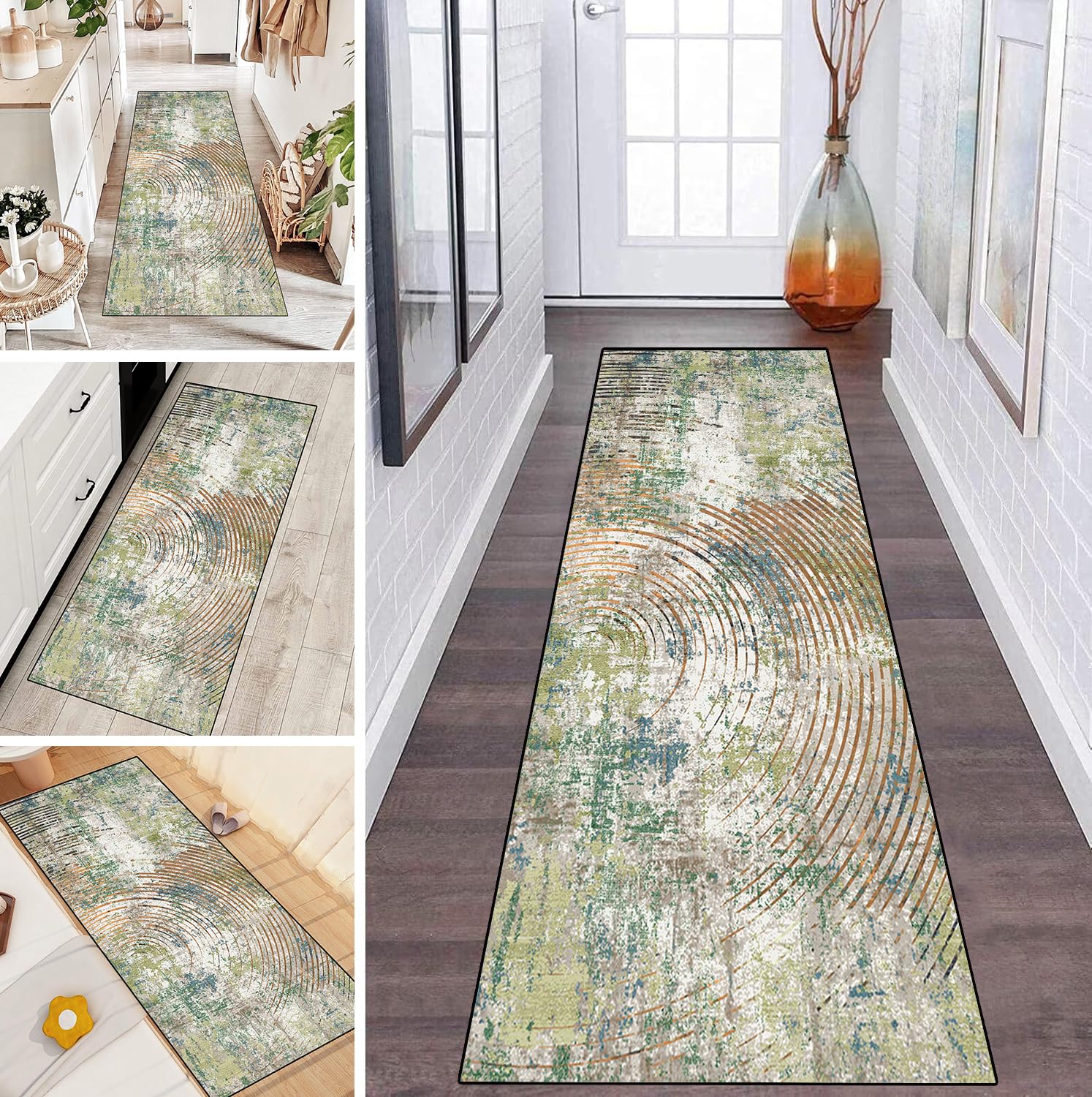 Alfombra de pasillo o cocina, antideslizante, lavable, para pasillo, lavandería, 60 x 200 cm, color verde en estilo turco