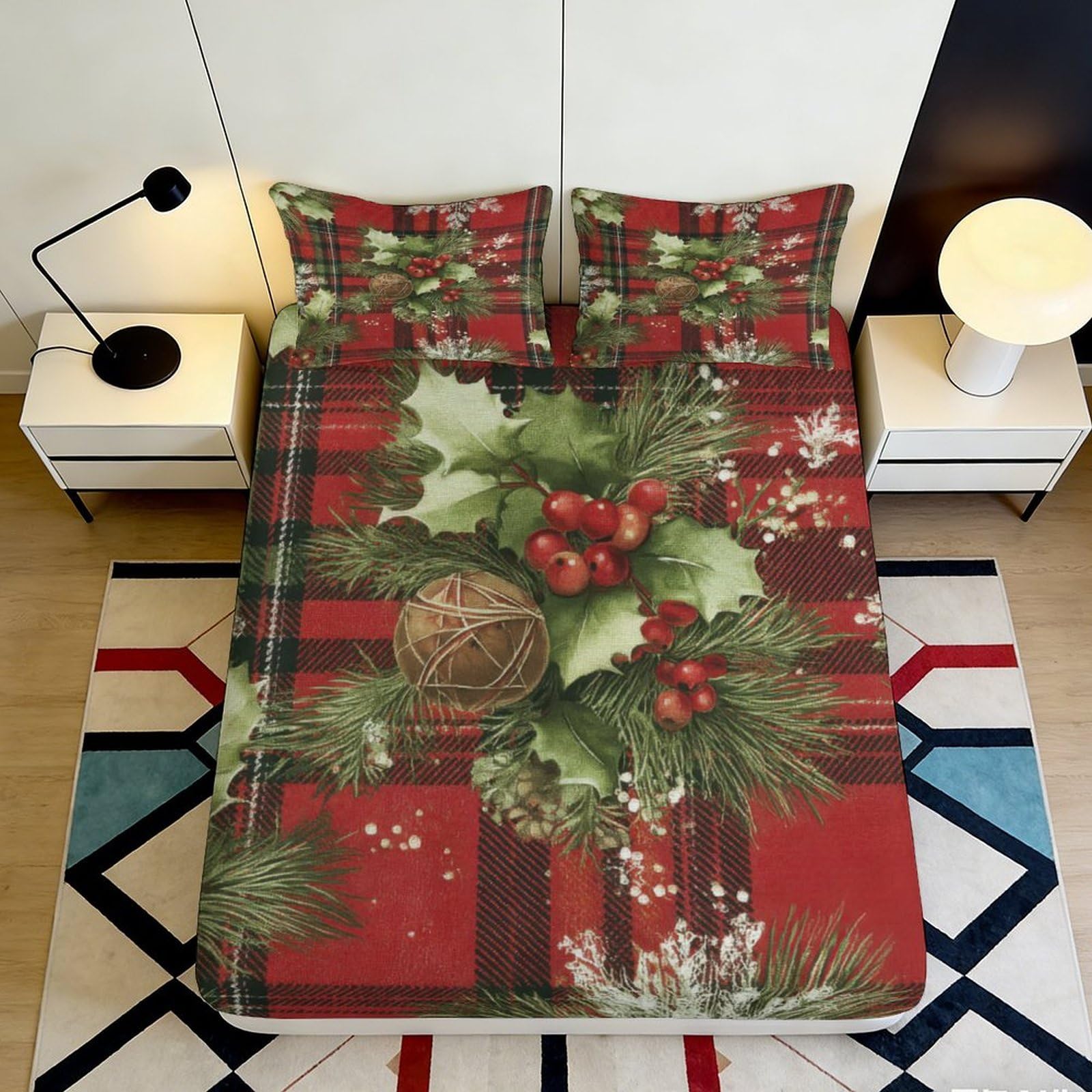 3D Printed Christmas Holly Fitted Sheet Microfiber Red Plaid Bed Cover for Bedroom Guest Room Decor Mattress Protection 90x200x25cm