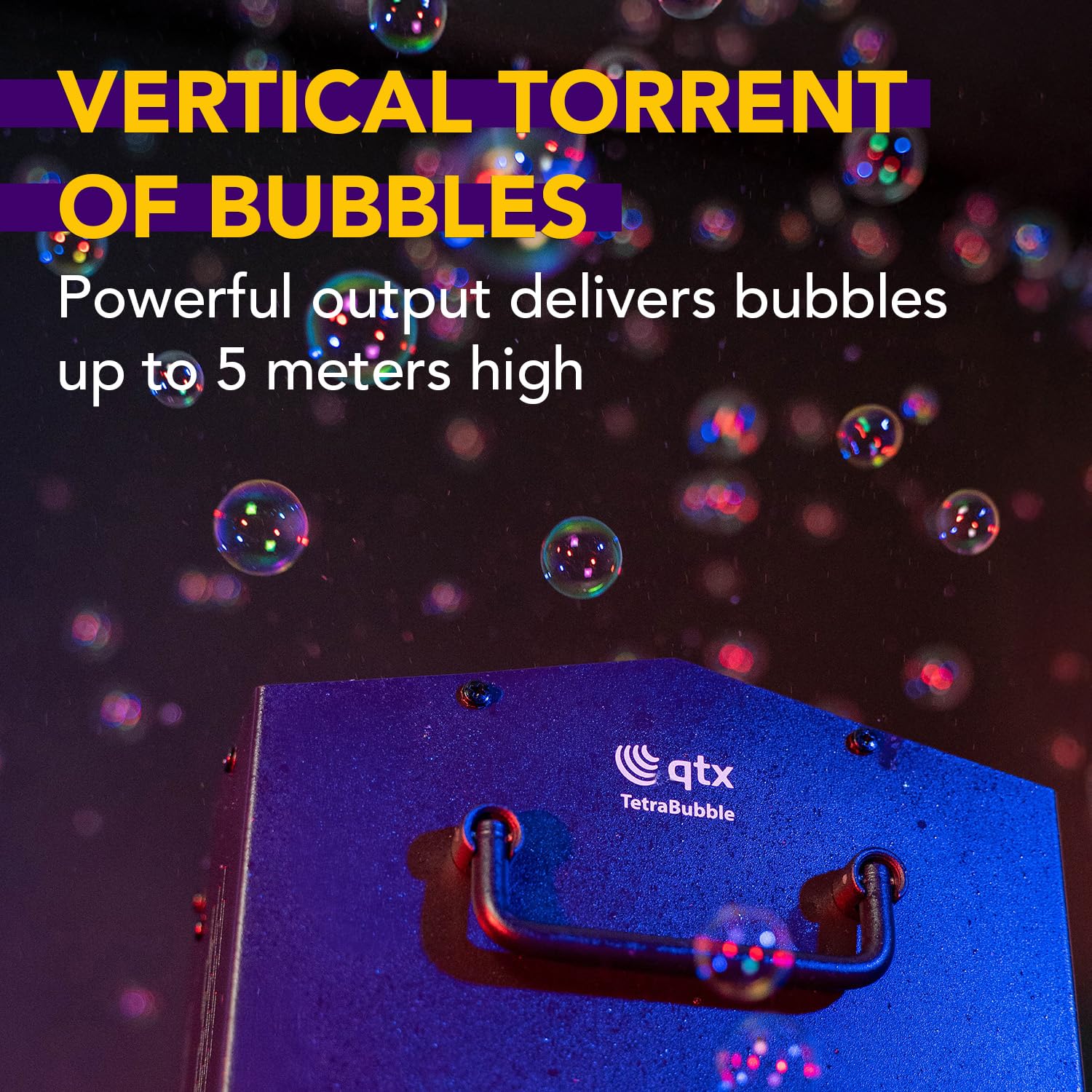QTX Tetra Seifenblasenmaschine | Professioneller Hochleistungs-4-Rad-Bubble-Maker mit kabelloser Fernbedienung und 1,2 l Tank | Tragbarer Seifenblasengenerator für Partys, Hochzeiten, Veranstaltungen