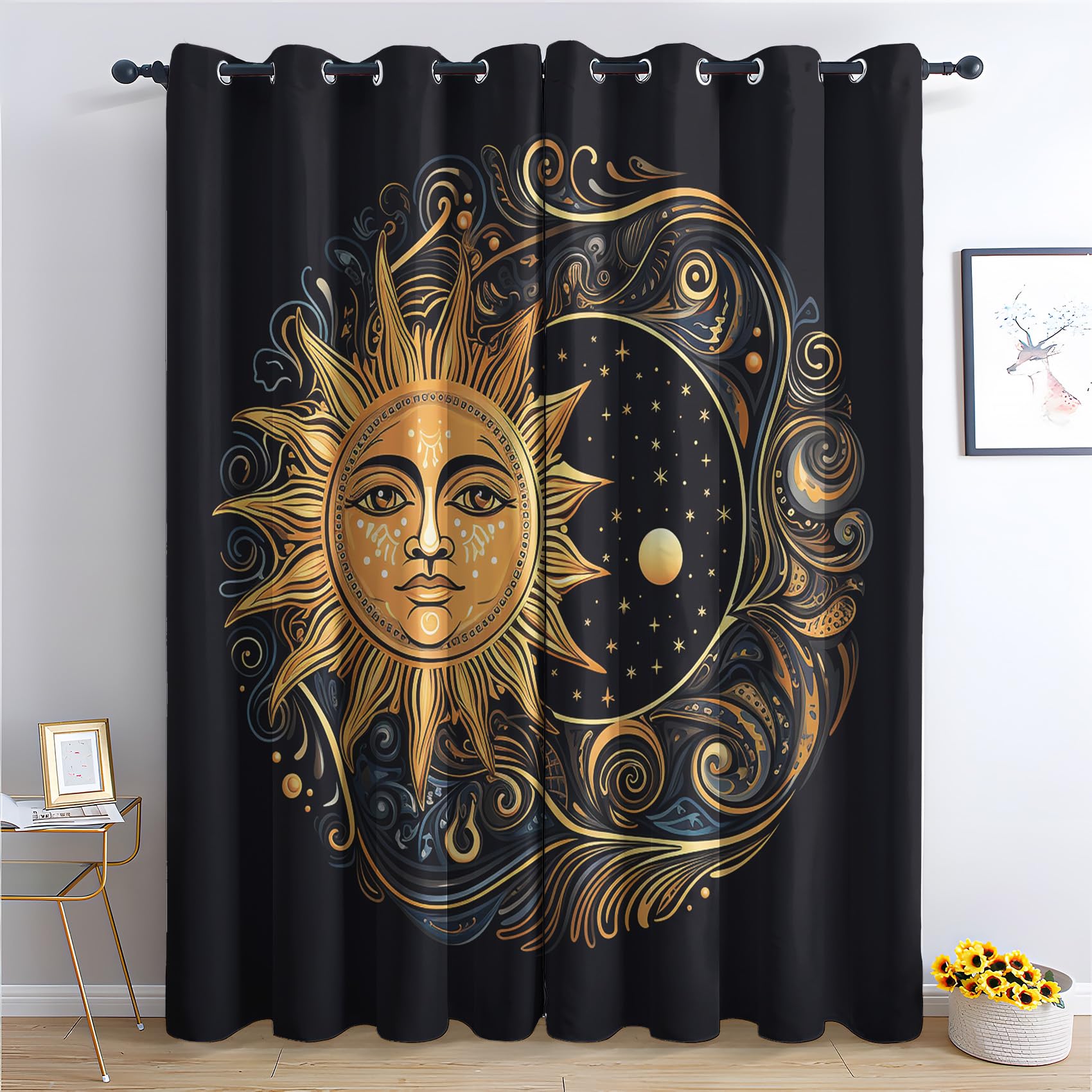 Sun Curtains for Bedroom Living Room - Boho Celestial Black Blackout Curtains 46 x 90 Inch (Width x Drop), Thermal Insulated Eyelet Curtains & Drapes, Patterned Window Treatments G&-70