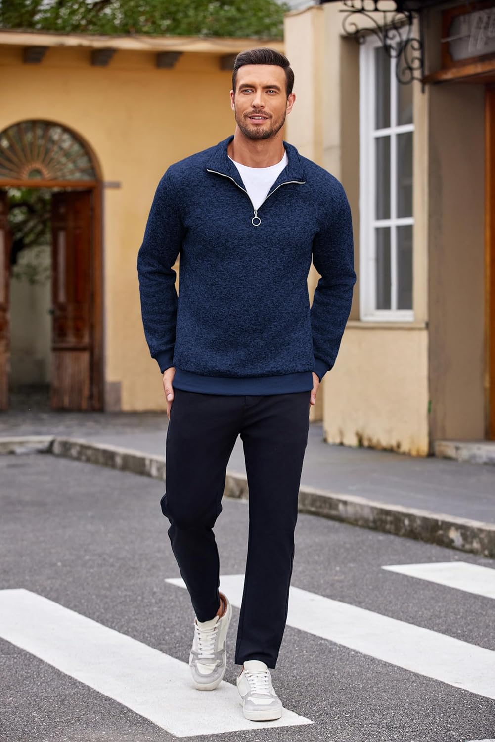 COOFANDY Men's Quarter Zip Pullover Casual Long Sleeve Sweater Slim Fit Sweater Mock Neck Polo Sweater - Image 2