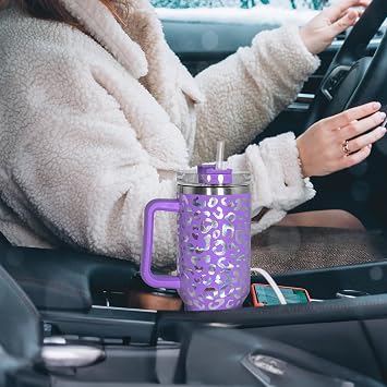 sweet grain 40oz Glass with Handle and Straw, Stainless Steel Purple Leopard Print Cup and Straw Cover, Double Vacuum Cheetah Cup Keeps Drinks Cold for Up to 24 Hours