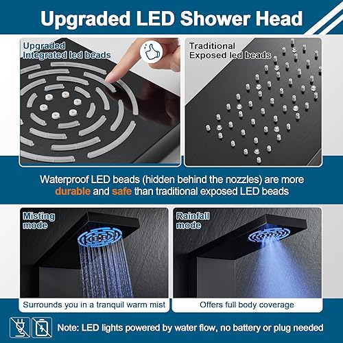 Miniatura 18 de ROVOGO Sistema de torre de panel de ducha LED con cabezal de ducha de lluvia, chorros corporales, boquilla de mano y bañera, sin luces LED