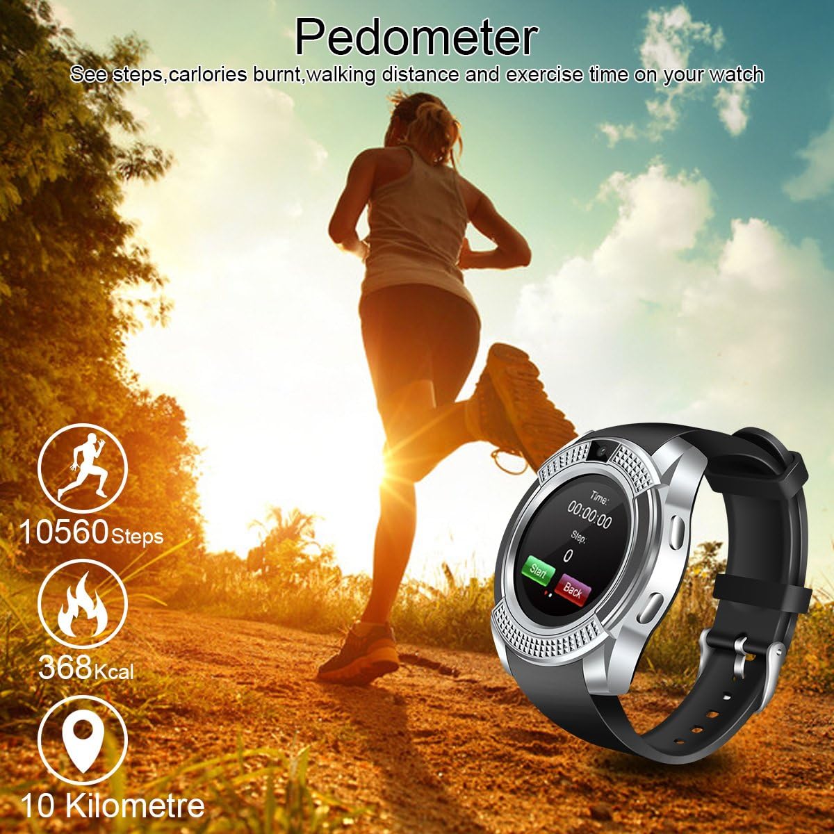 Amazon.com: V8 Sports Smartwatch Bluetooth con cámara Mensaje Push Pantalla  táctil Podómetro Recordatorio sedentario Monitor de sueño Notificación  instantánea Anti-perdida Smartwatch para teléfono Android (Negro+Plata) :  Electrónica