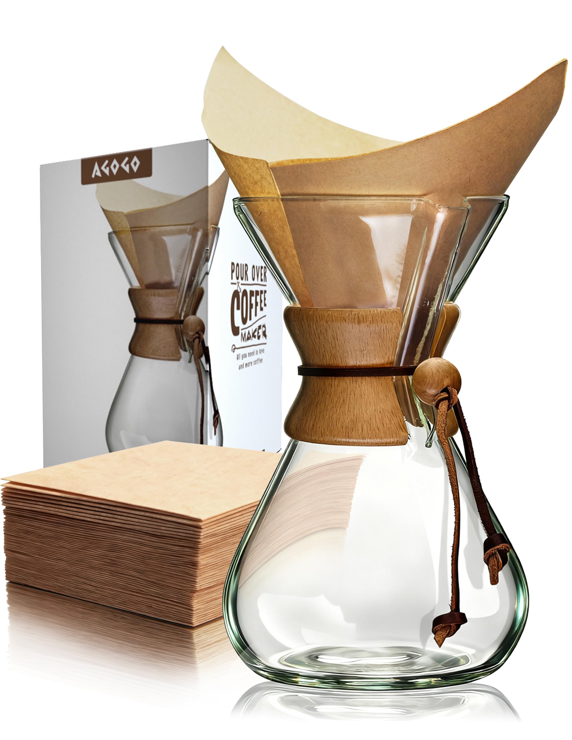 AGOGO Pour Over Coffee Maker Set Glass Coffee Maker with 50pcs Filter Paper -for Home, Office, Camping, Cafes - Easy Clean Coffee Dripper Set (Rag&Brush Included)(10 Cup/34oz)