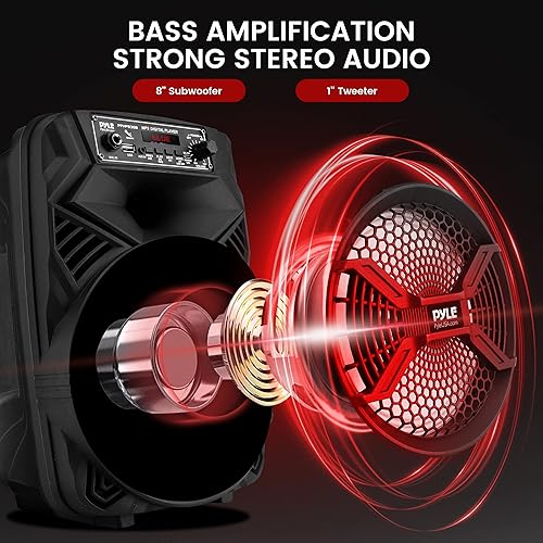 Miniatura 2 de Pyle Altavoz Bluetooth PA portátil de 8 pulgadas, potencia máxima de 300 W, batería recargable, luces LED intermitentes, radio MP3USBFM, entrada