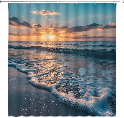 Miniatura 2 de Cortina de ducha de playa, océano, playa, puesta de sol, paisaje, olas de mar, naturaleza, costa, retro, costa, costa, rústico, paisaje marino,
