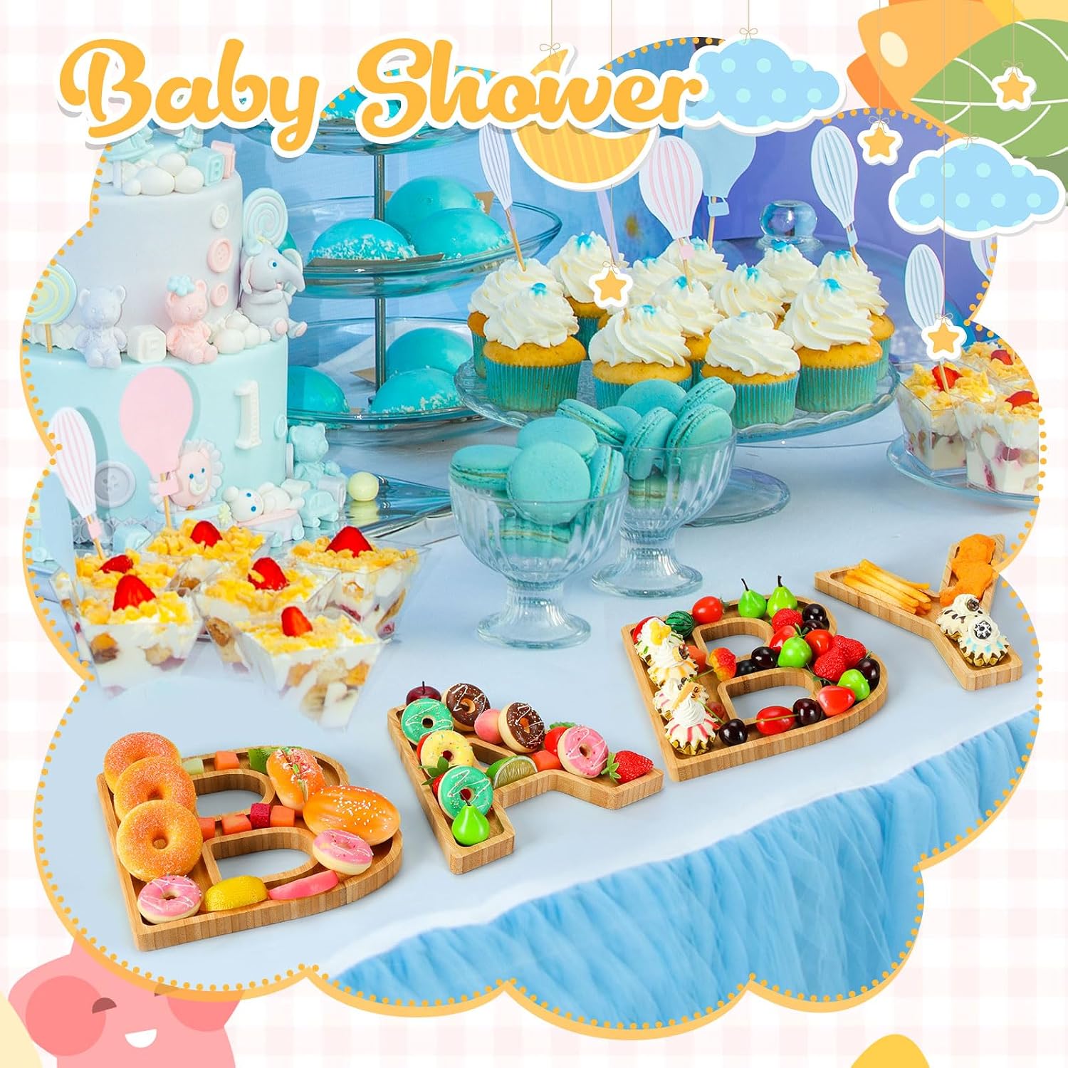 FillTouch 1 Set Baby Shower Wooden Charcuterie Baby Shaped Letter Serving Tray Board Dish Decorative Platter for Snack Food Cake Cookies for Gender Reveal Birthday Party(Wood)