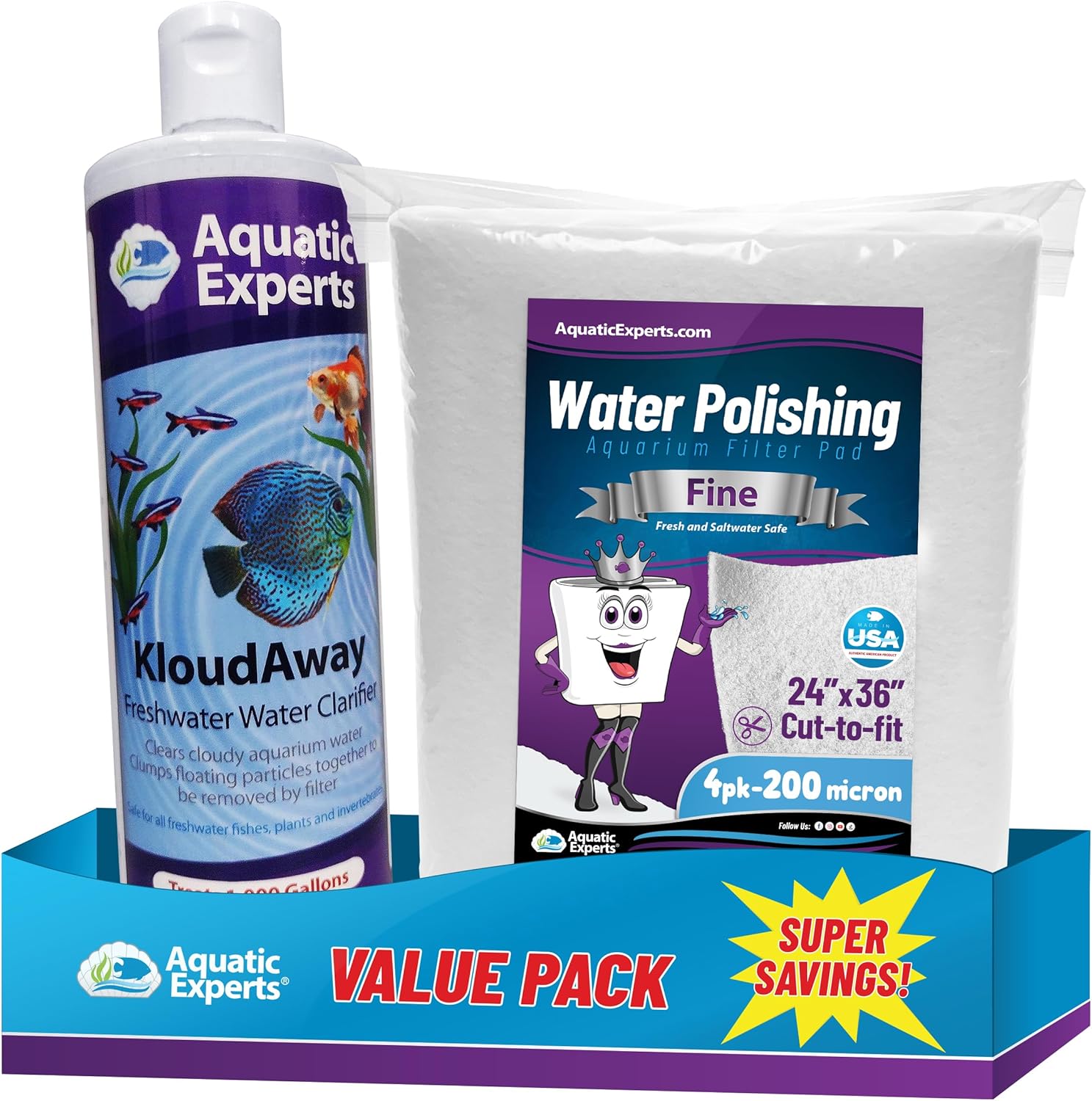 200 Micron 24" x 36" Polishing Filter Pad - 4 Pack + 500 mL KloudAway Aquarium Water Clarifier, Made in USA (Value Pack)