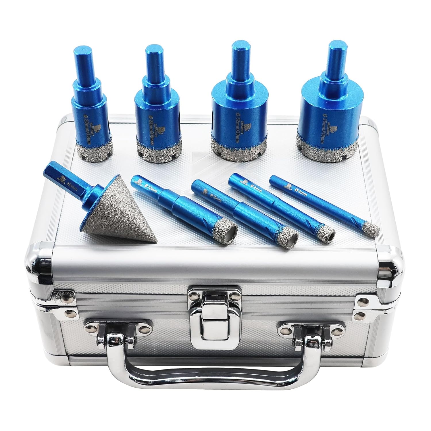 Dry Diamond Core Drill Bit Set,BRSCHNITT Diamond Tile Hole Saw Kit with Round Shank for Porcelain Tile Ceramic Stone Granite Marble, 6/8/10/12/20/25/32/35mmDrill Bit+35mm Chamfer Bit