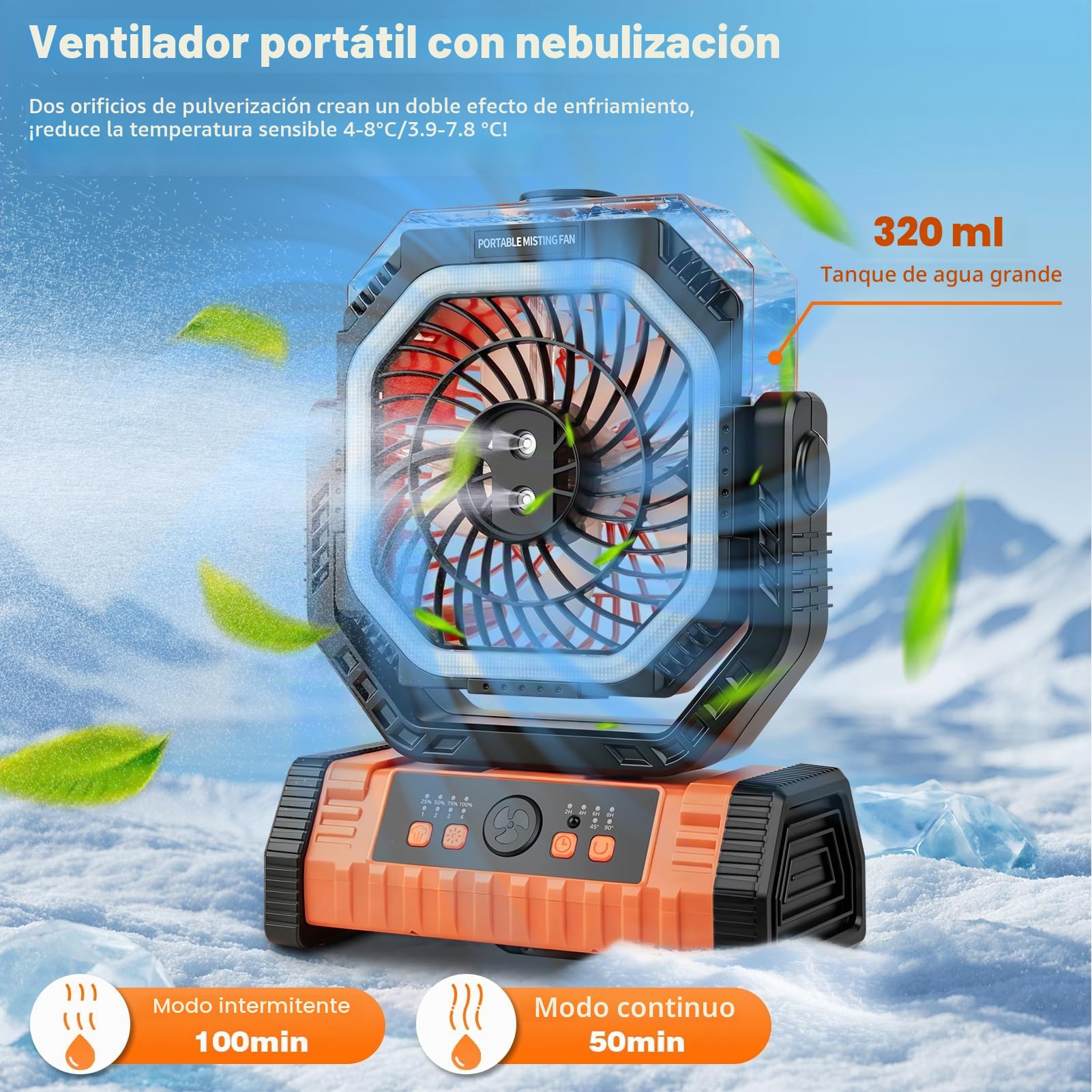 Ventilador Camping 20000mAh con Mando, Ventilador Portátil Recargable con Inclinación Manual 270° y Oscilación Auto 45°/90°, 4 Velocidades, 3 Luces LED, para Interior, Campaña, Playa (Naranja)