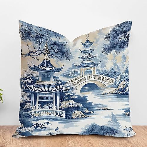 ArogGeld Funda de cojín de chinoiserie japonesa chinoiserie asiática, fundas de almohada de pagoda azul asiática, funda de almohada oriental de A-1