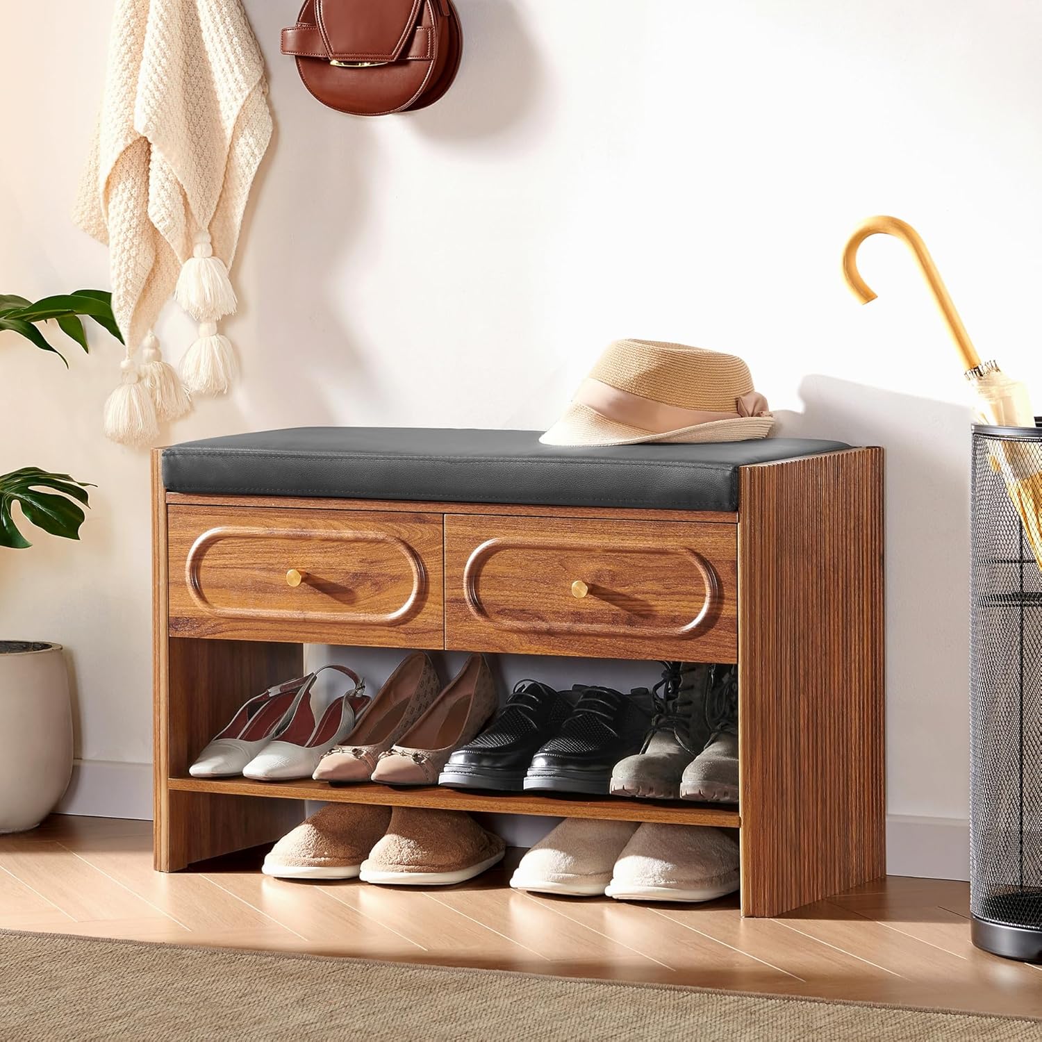 31.5" Shoe Bench, Shoe Storage Bench with Drawers, Waterproof Entryway Benches with Leather Cushion for Bedroom Walnut