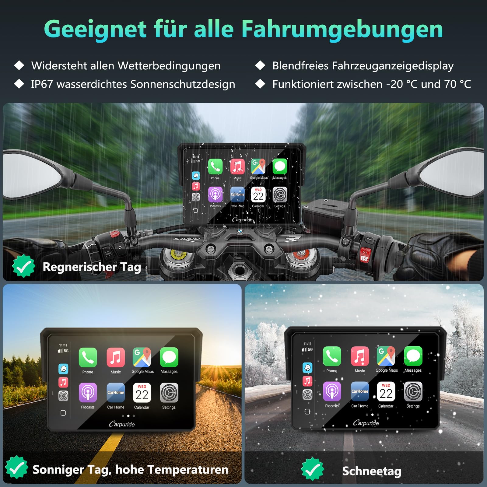 CARPURIDE W502BS Pro für BMW-Motorrad, CarPlay & Android Auto, Dual-Bluetooth, 5 Zoll Wasserdichter GPS-Navigations Bildschirm, Datenablesung, Native Wonder, TPMS, Lichtsensor, Musikfreigabe