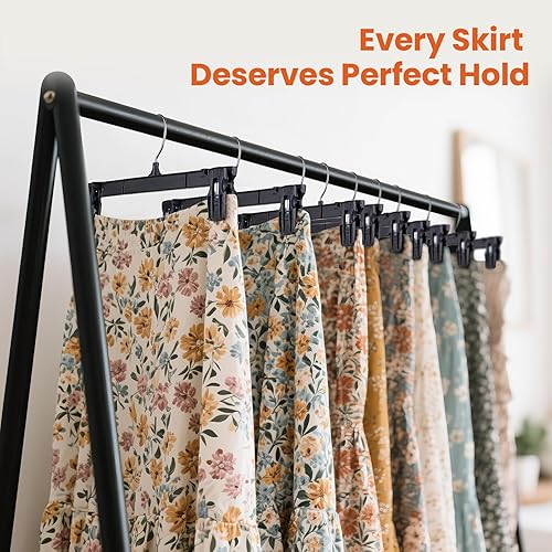 Miniatura 8 de HOUSE DAY Perchas negras para pantalones, paquete de 50 perchas de falda de 10 pulgadas con clips grandes antideslizantes y gancho giratorio de 360,