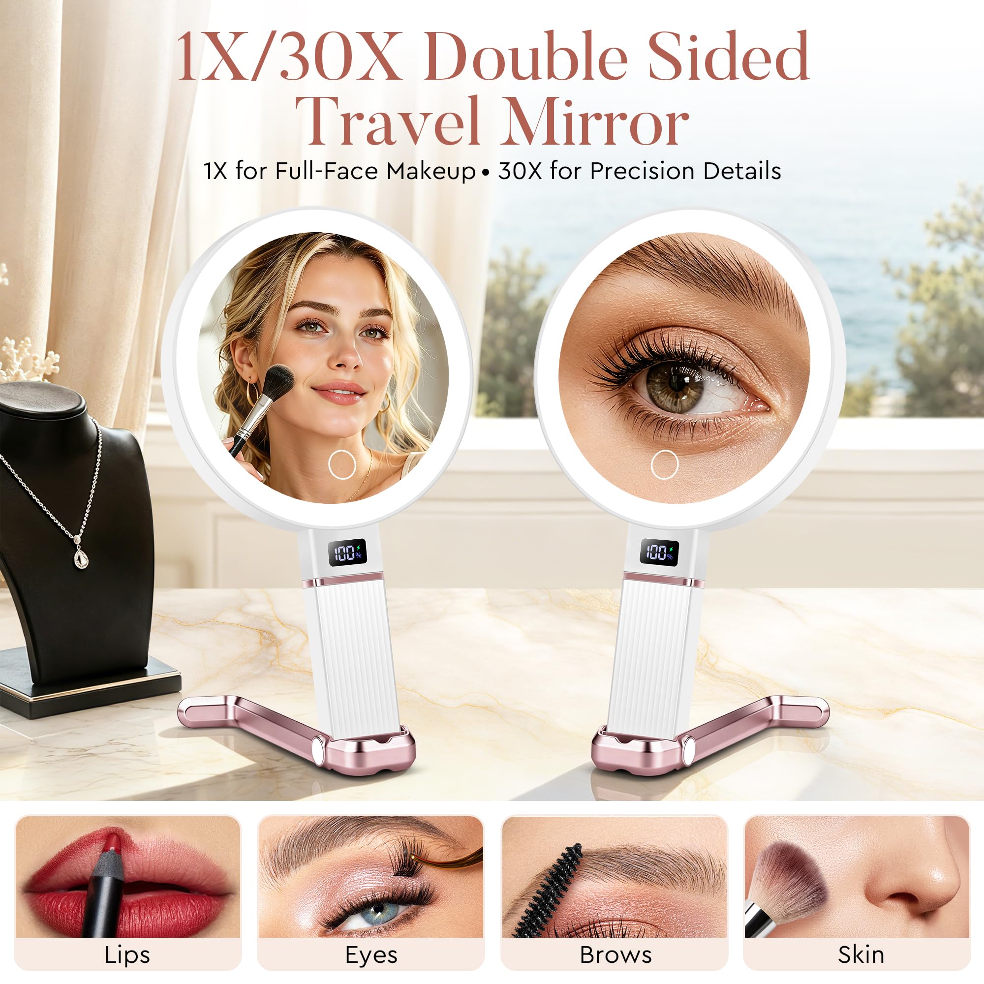 MIYADIVA Specchio da trucco da viaggio con luci, regolabile in altezza 30X/1X, specchio ingranditore a doppia faccia, specchio portatile con display digitale e supporto per telefono, da appendere al