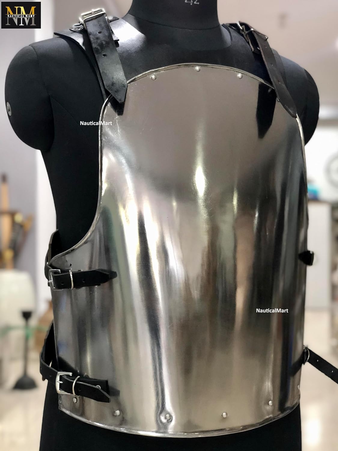 NauticalMart Medieval Steel MERC Cuirass 18 Gauge Body Armor for LARP and Cosplay - Adjustable Leather Backplate - Polished Steel Breastplate for Historical Reenactments