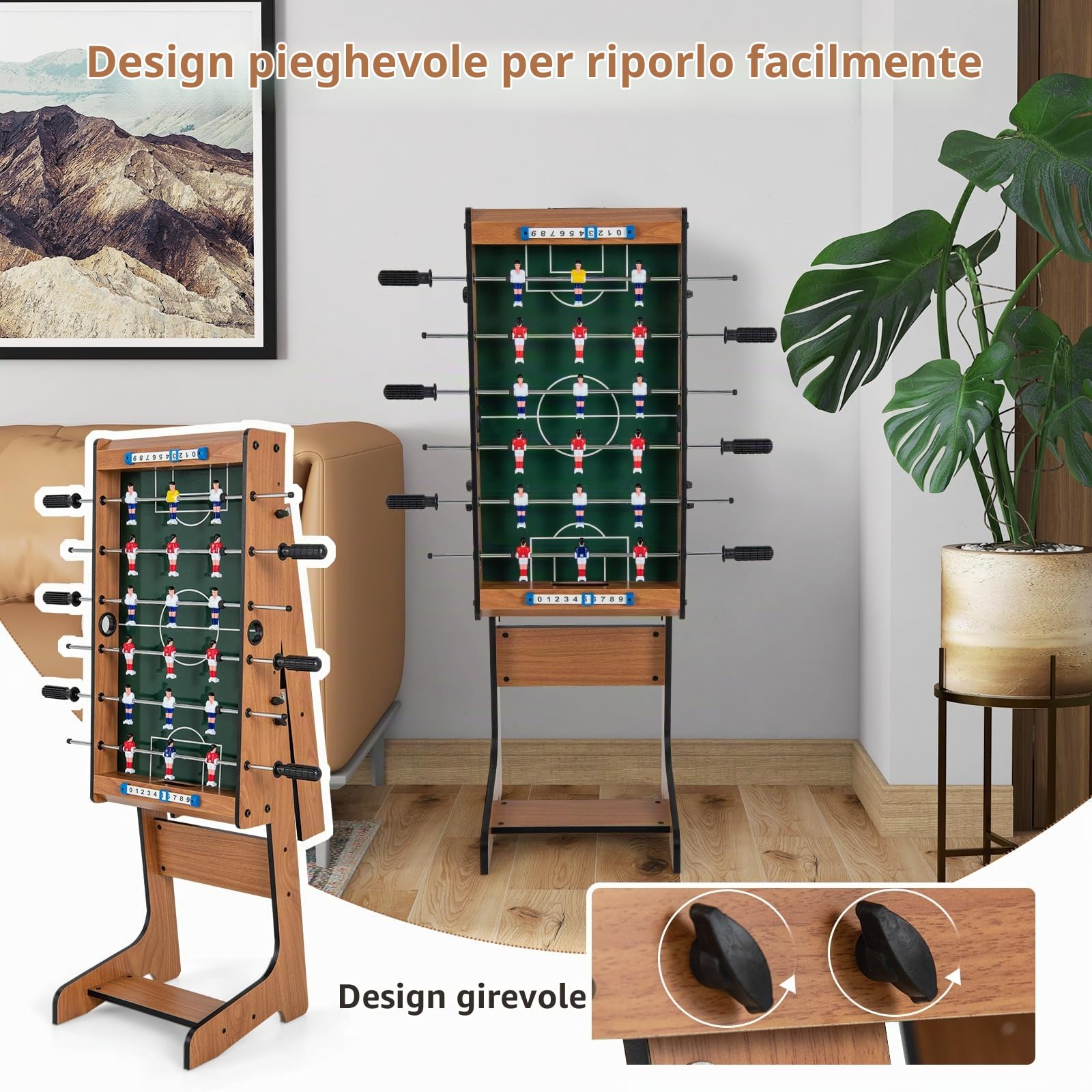 GYMAX Calcio Balilla Pieghevole in Legno, Calcetto da Tavolo con Supporto e 6 Aste, 2 Palloni e 18 Portieri e Segnapunti, per Bambini e Adulti, 69 x 60 x 71 cm