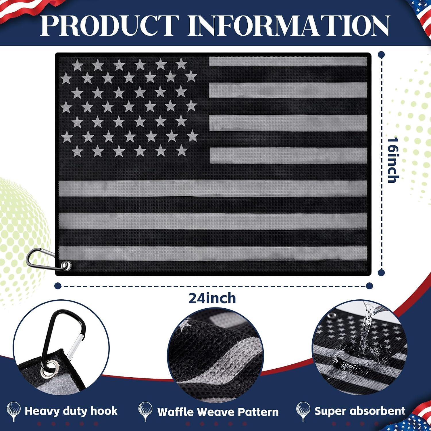 Batiyeer 3 Pack American Flag Caddy Golf Towels Summer Gifts Large Caddy Towel for Bags 16 x 24 Inch Microfiber Waffle Pattern with Carabiner Clip Ultra-Absorbent Golfing Gear for Men