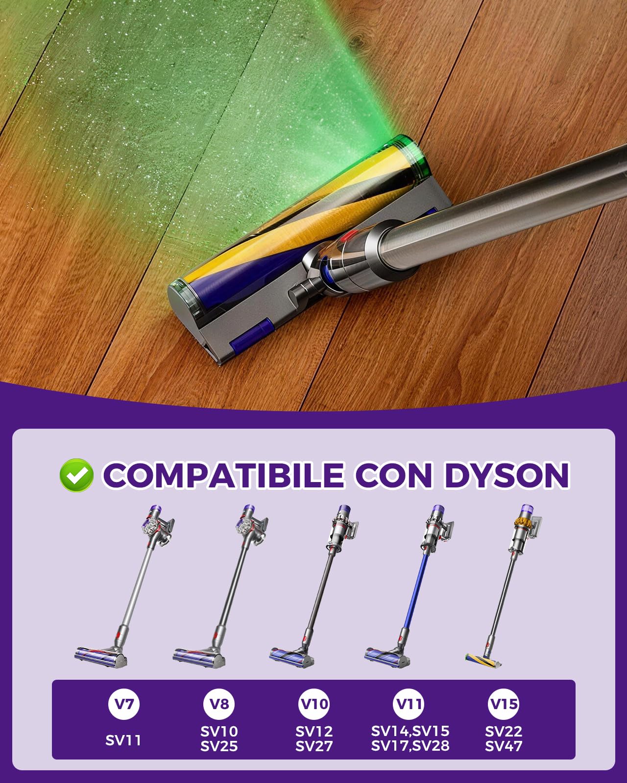 V15 Spazzola per Dyson V7 V8 V10 V11 V15, Tête de brosse a LED illuminata con luce verde, Bocchetta pavimenti Anti-Aggrovigliamento per superfici dure, Ricambio & Accessorio per Dyson