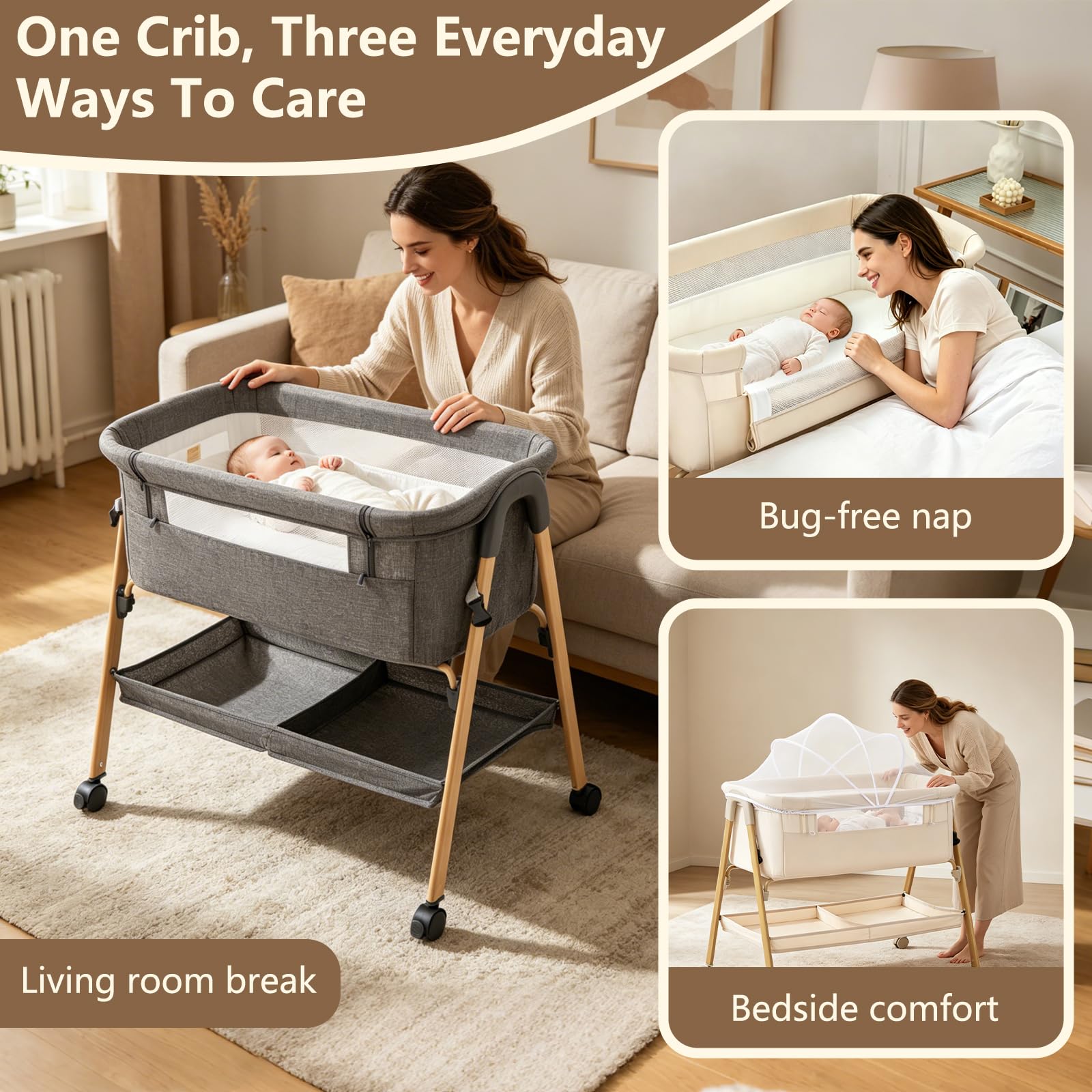Zkiprm Culla Co-sleeping, Culla da affiancare pieghevole, Facile da montare, con Lettino rimovibile, Zanzariera, 4 Ruote bloccabili | Buona Circolazione dell'Aria | Peso max: 9 kg | 0–6 mesi（Beige）