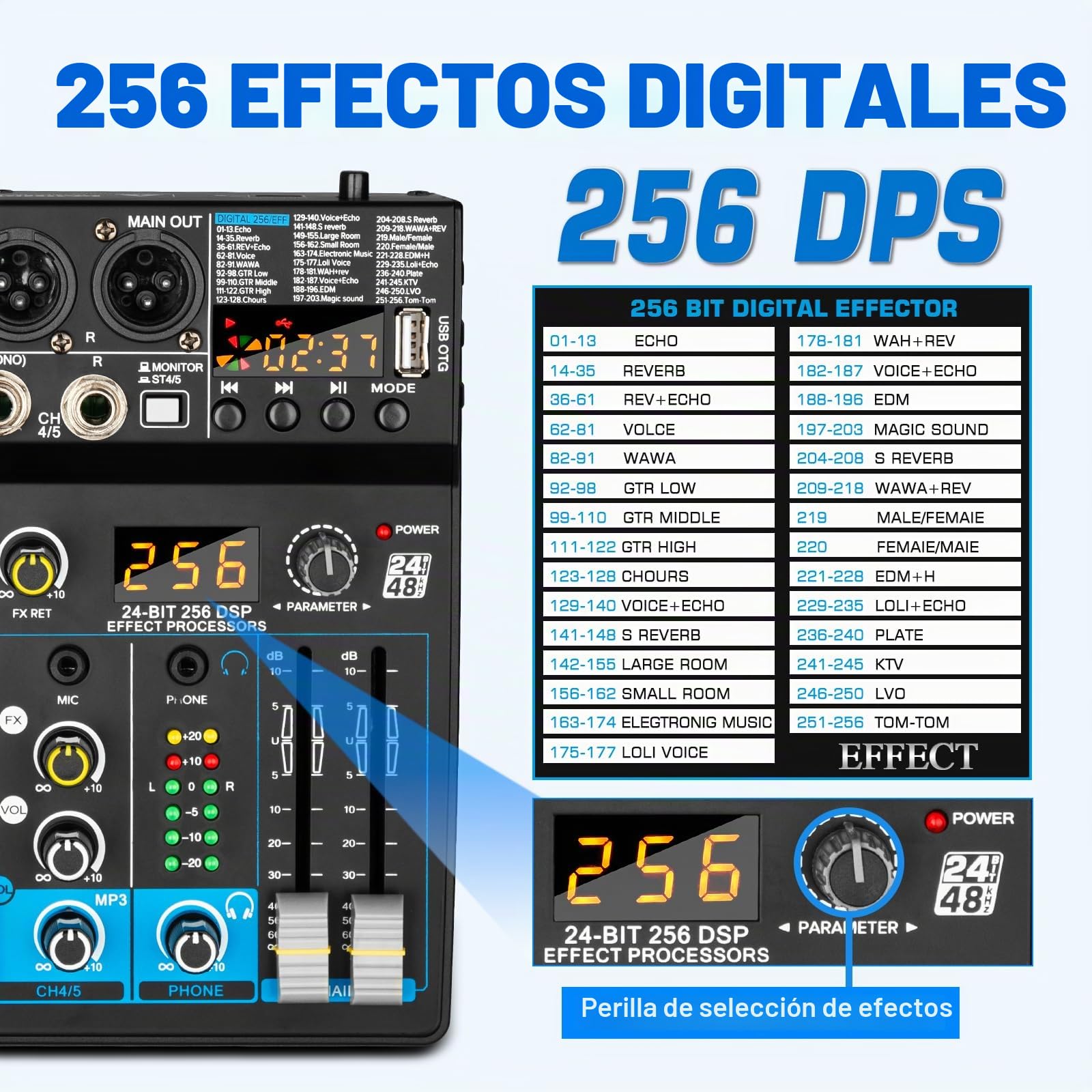 Depusheng BF6 Mezclador de audio profesional, efectos digitales, DSP de 256 bits, USB, Bluetooth, MP3, mezclador de DJ para computadora, interfaz de entrada de 5 canales con alimentación fantasma