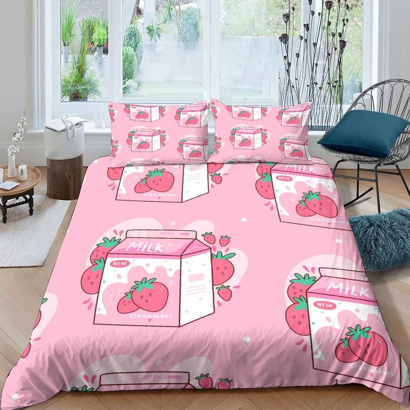GPLZQXKJNH 3D Printed Strawberry Milk Duvet Cover Set Microfiber Soft Pink Bedding with 2 Pillowcases for Bedroom Home Decor Single（135x200cm）