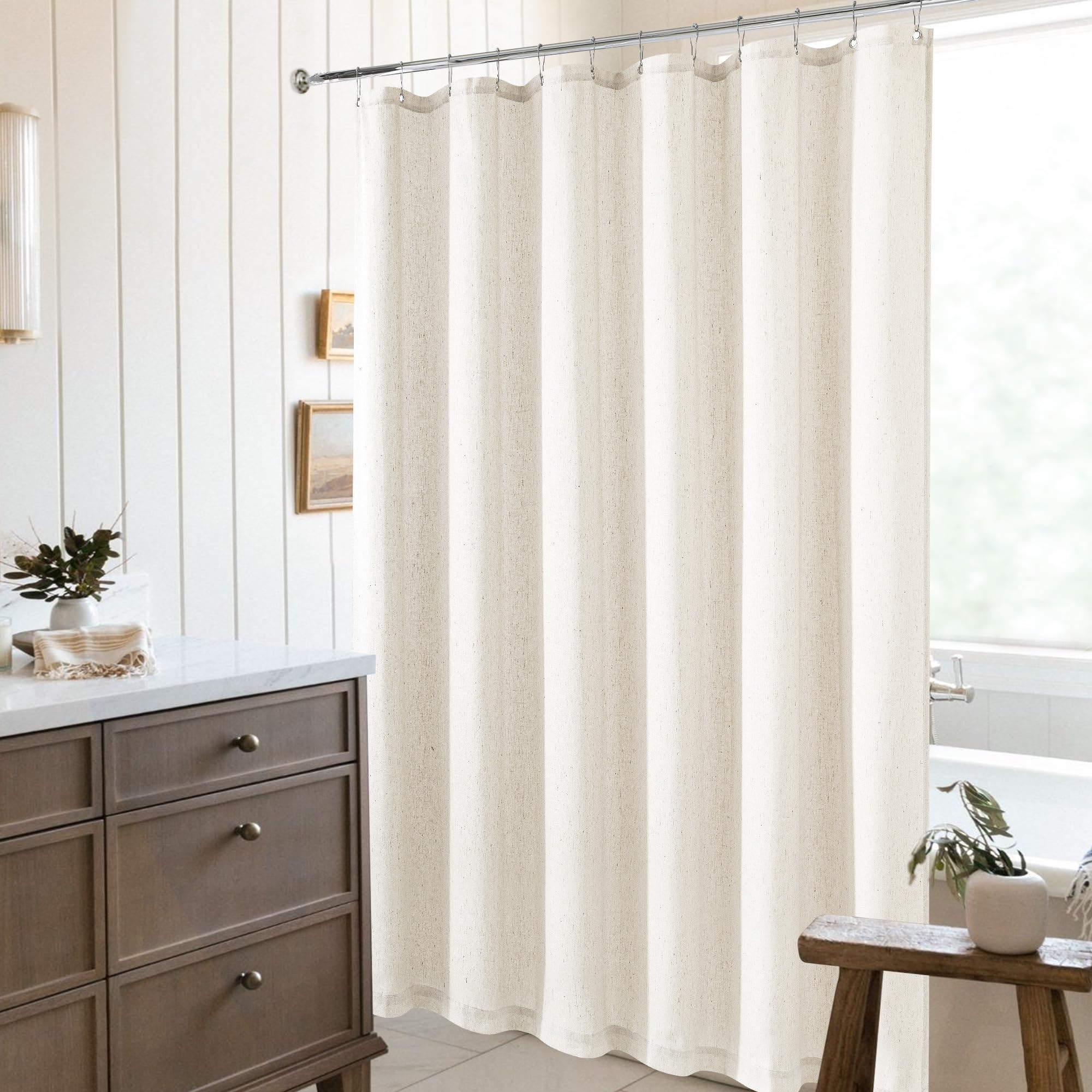 Rideau de douche mignon en lin crème extra long de 190 cm - Rideau de douche moderne bohème en tissu de luxe neutre - Tissu résistant à l'eau avec crochets pour salle de bain, baignoire