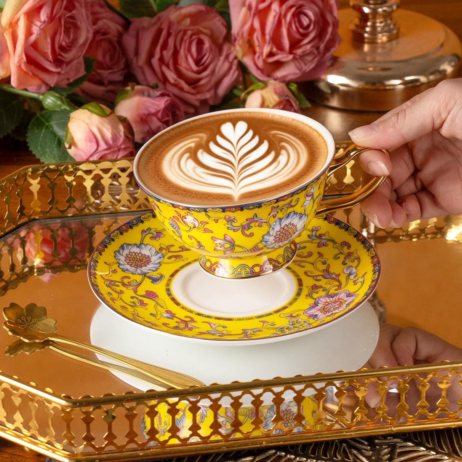 KAMMAK Tea Cups and Saucers Set of 2, Fine Bone China Coffee Cups, Stackable Espresso Mugs, Ceramic Demitasse for Coffee, Cappuccino, Latte, Americano, Tea, Full Bloom Yellow