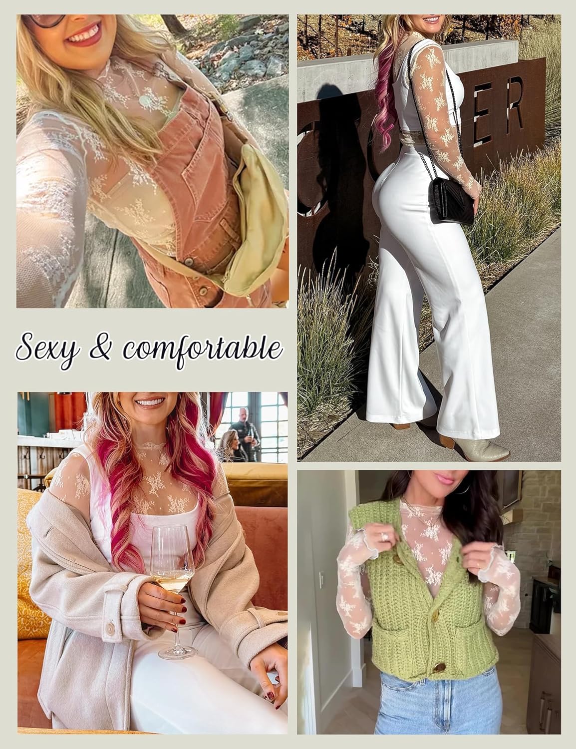 Women's Lace Mesh Top Long Sleeve Mock Neck Undershirt Sheer Blouse See Through Undershirt Party Layering Tops - Image 5