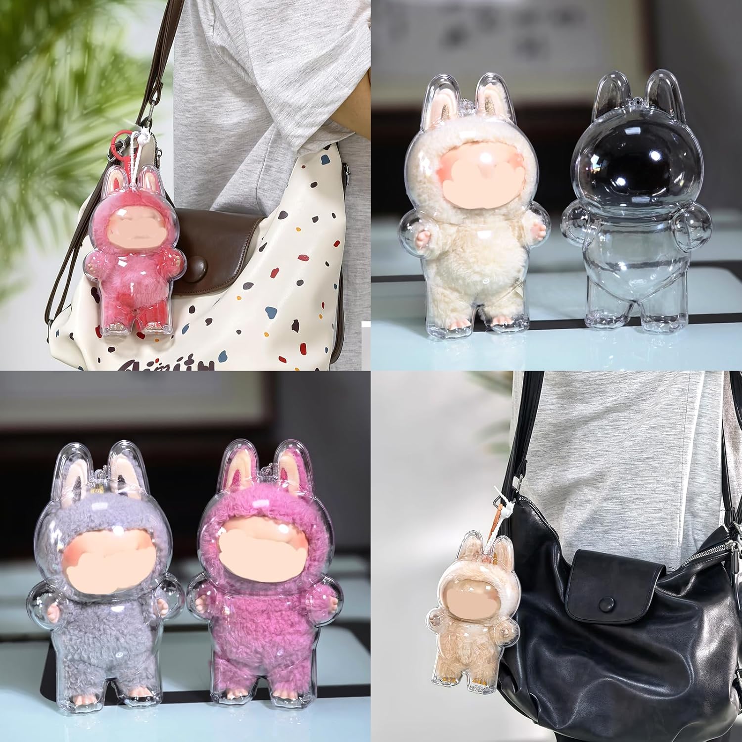 Protective Case Compatible with LABUBU Exciting Macaron, (Figure Not Included) Clear Collector Storage Box with Silicone Strap,Dustproof Scratch-Resistant for Standing Series