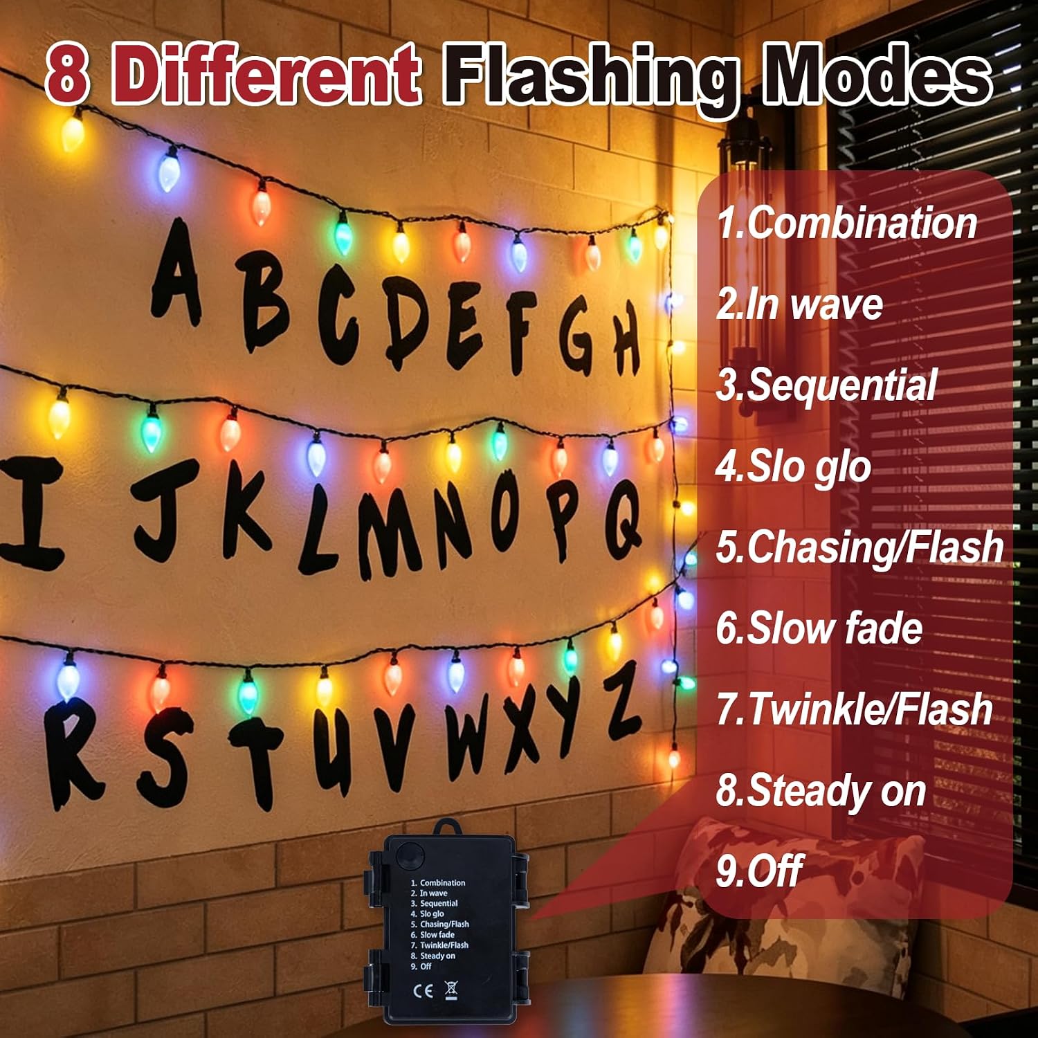Stranger Themed LED String Lights with Alphabet Wall Decals | Retro Wall Decor, Happy Birthday Photo Props, Stranger Themed Party Supplies, Birthday Halloween Decor