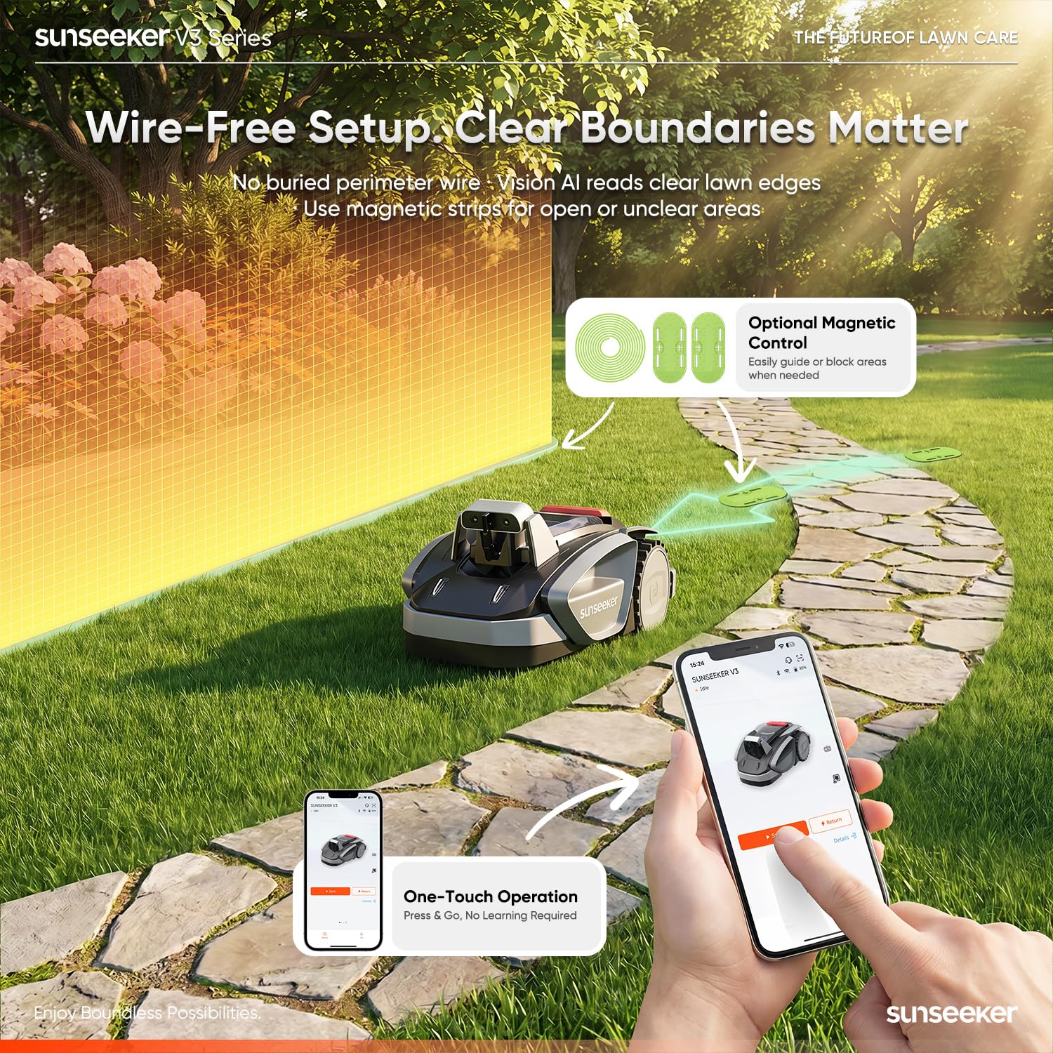 SUNSEEKER V3 - Cortacésped Robot inalámbrico de 0.15 Acre/6.400 pies Cuadrados, cortadora de césped automática Vision AI, cortadora de césped con un Solo Clic, prevención Inteligente de obstáculos,
