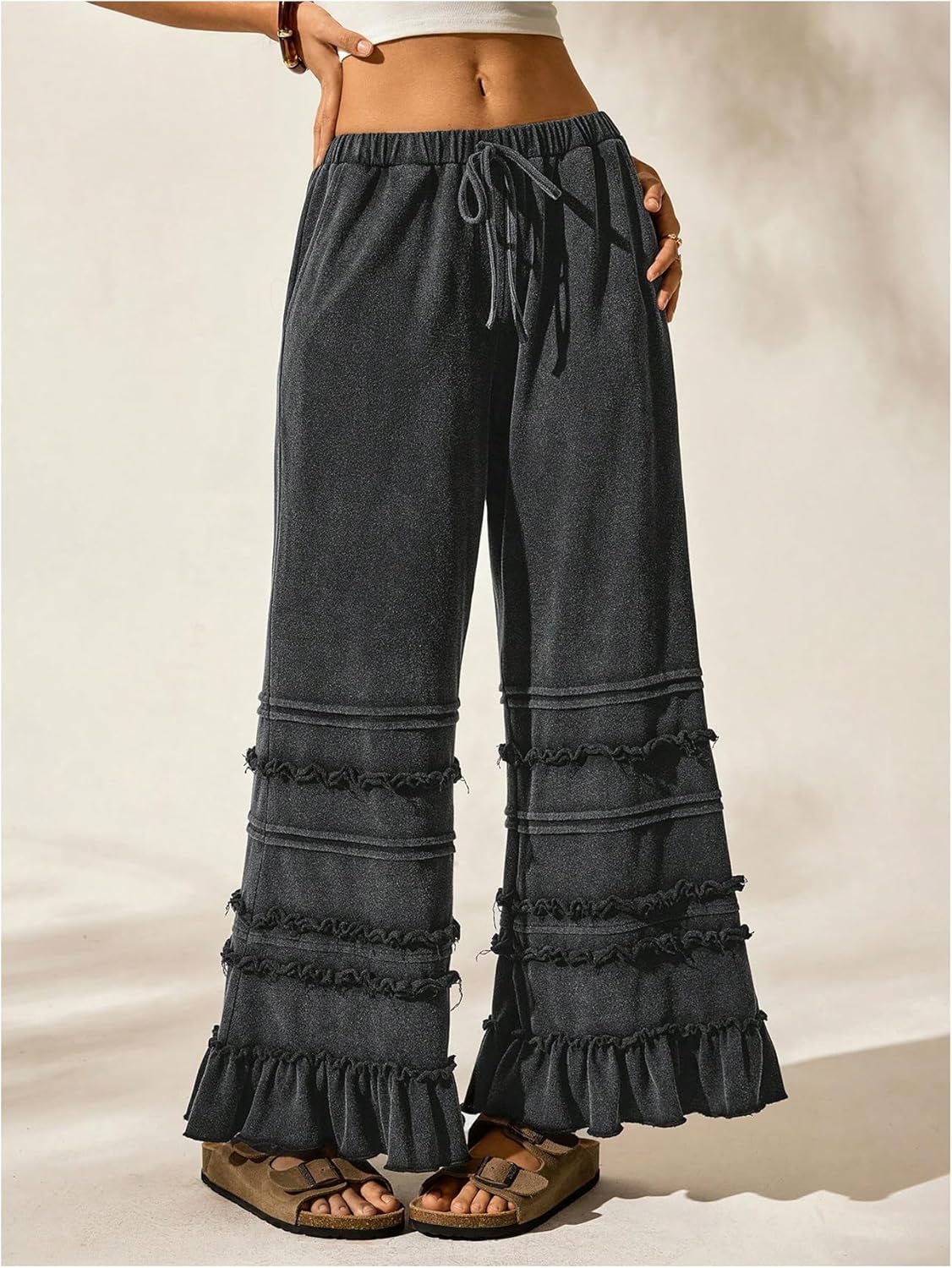 WDIRARA Women's Drawstring Elastic Waist Ruffle Hem Wide Leg Pants Loose Palazzo Pants