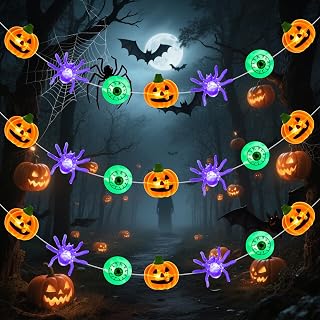 Isisyu Guirlande lumineuse décorative d'Halloween - 3 m - 30 LED - Citrouille orange, araignées violettes, globes oculaires verts, avec minuterie, 5 modes de lumières scintillantes pour maisons