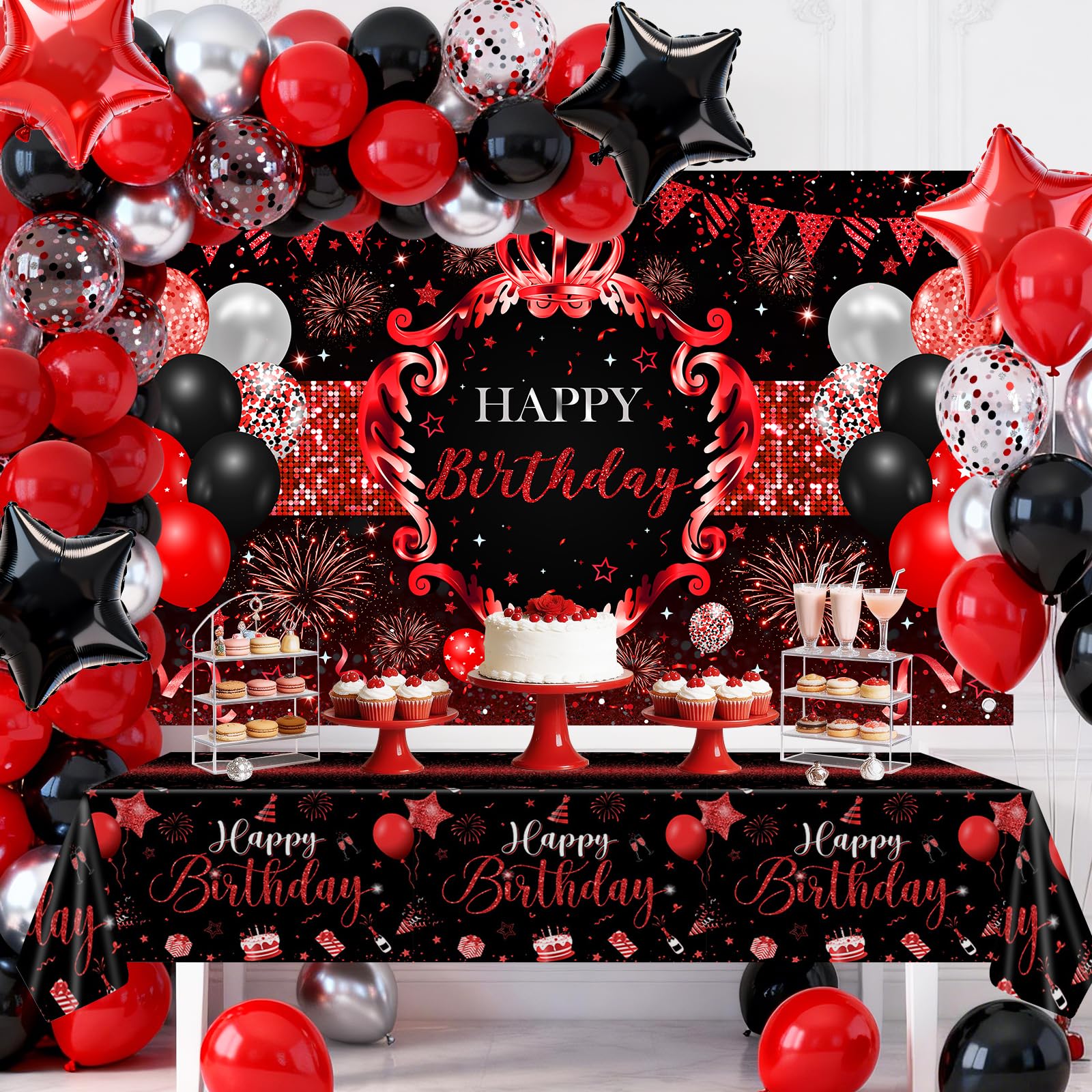 Lecheme Red and Black Birthday Decorations for Men Women Happy Birthday Banner Backdrop 66 Pcs Red Black Balloons Arch Tablecloth Party Supplies