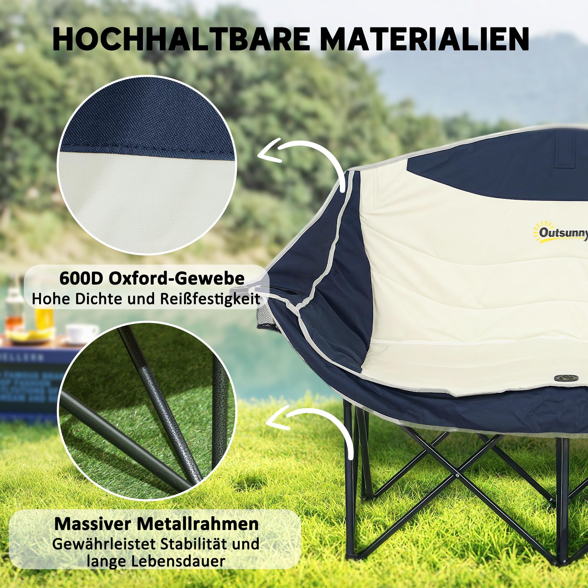 Outsunny Chaise Camping Double avec Porte-gobelet Sac 551 LB Bleu Marine | Porte-gobelet, porte-verre à vin, sac de transport, causeuse pliante, randonnée, pique-nique, plage