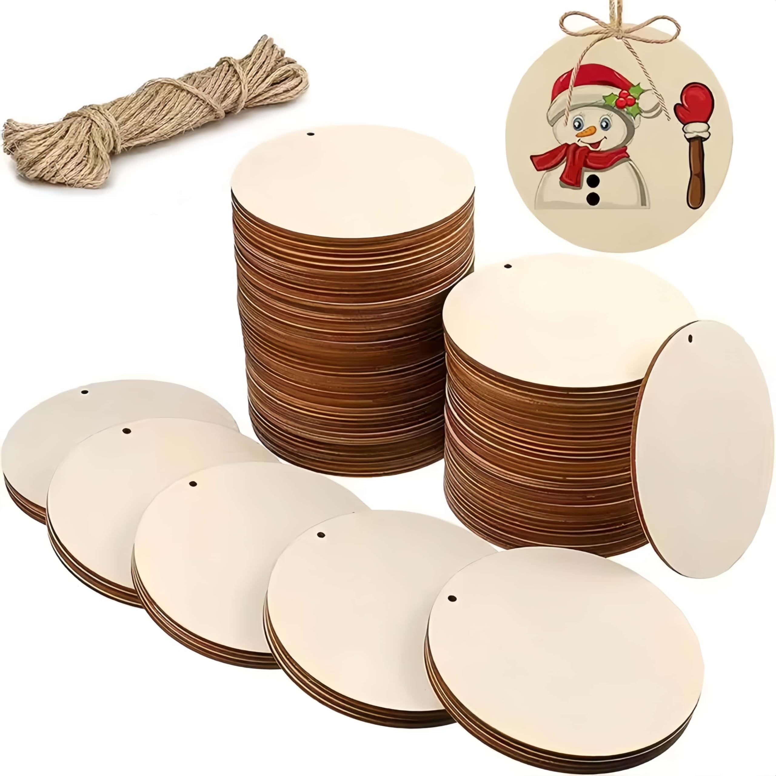 60 szt. 10 cm okrągłe drewniane zawieszki niedokończone drewniane okrągłe koła z otworami, puste drewniane krążki, wycięcia, drewniane koła, ozdoby, zawieszki do majsterkowania, na imprezę