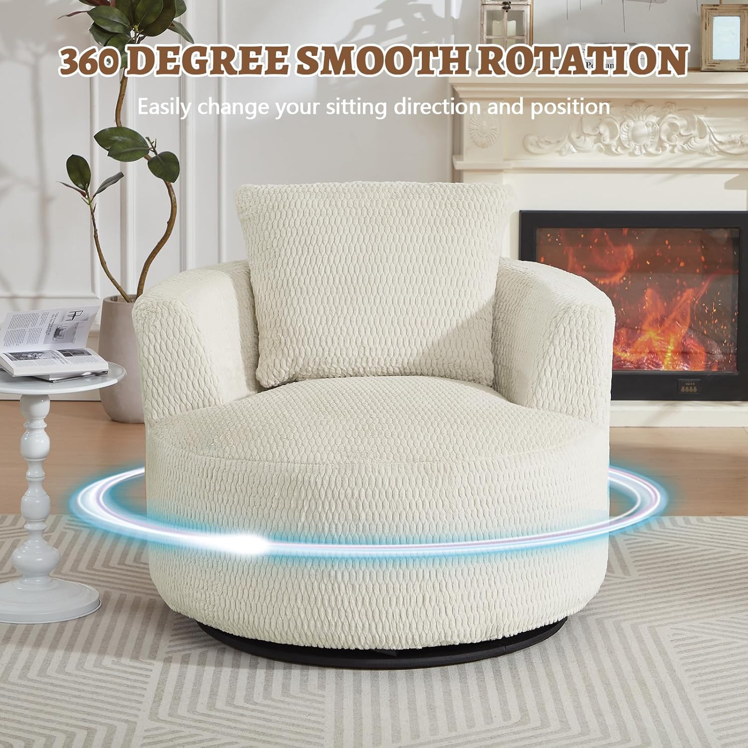 39.4" Wide Swivel Accent Chair, Modern 360° Rotating Barrel Chair with Metal Base, Club Single Sofa Chenille Armchair for Living Room Bedroom Reading Room Office (Cream)