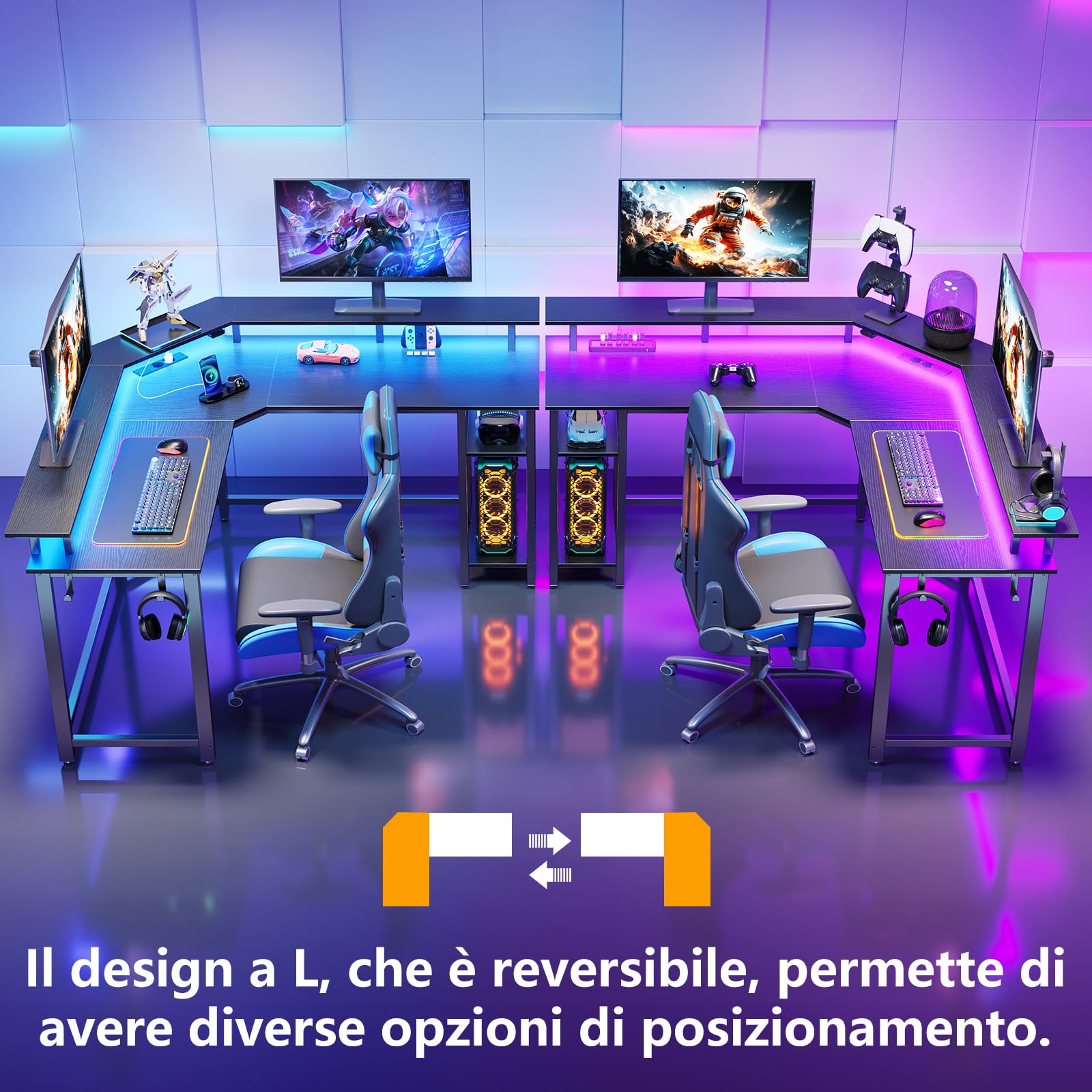 Rolanstar Scrivania Gaming Angolare con LED, Scrivania a L con Prese e Porte USB, Supporto per Monitor e Ripiano, Tavolo a Forma di L Reversibili con 2 Ganci (Nero, 134,5 x 134,5 x 86,2cm)